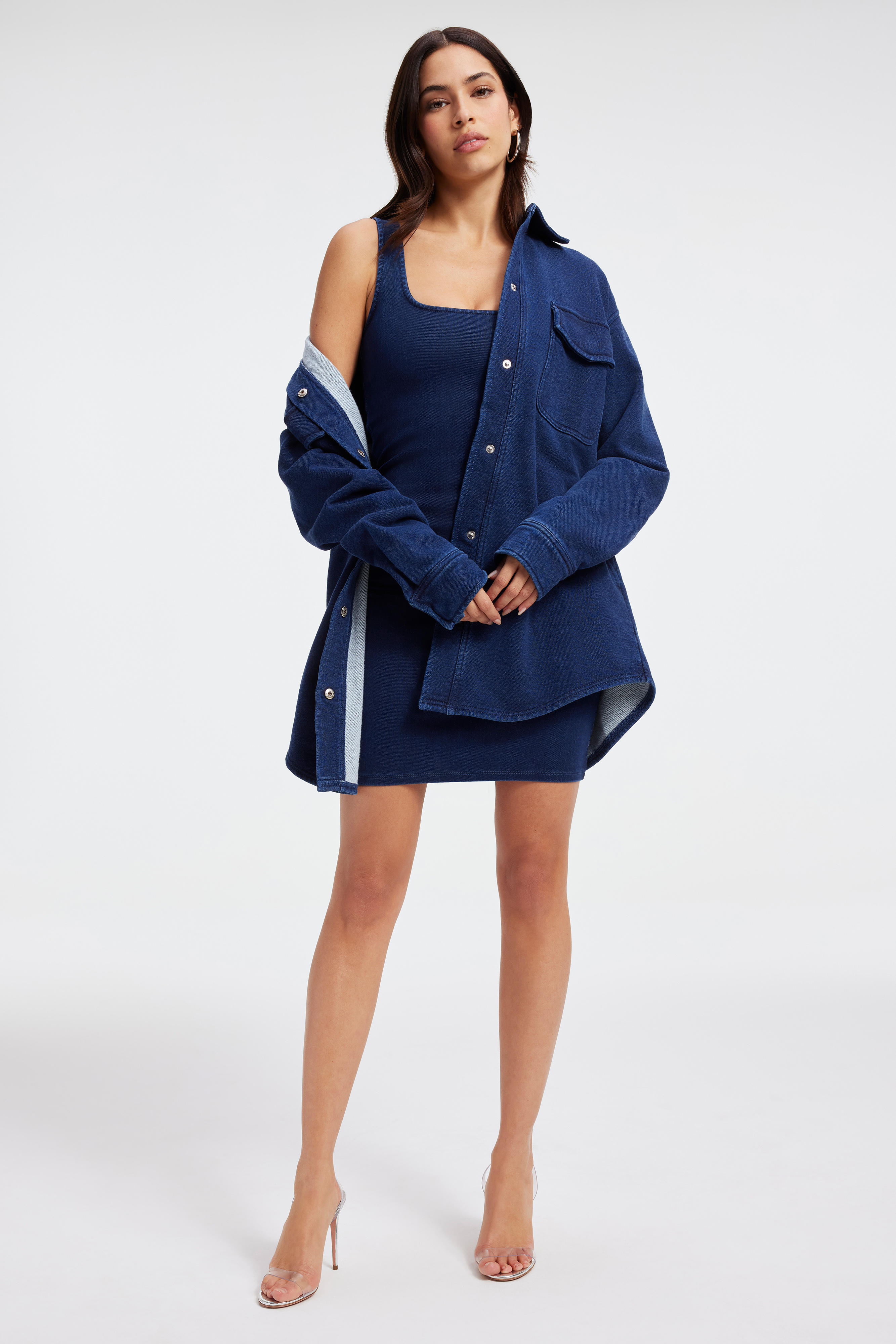 SOFT SCULPT MINI DRESS in INDIGO377 styled with our JEANIUS TERRY SHACKET in INDIGO377, DIAMONDS FOREVER HEEL in GLASS002,