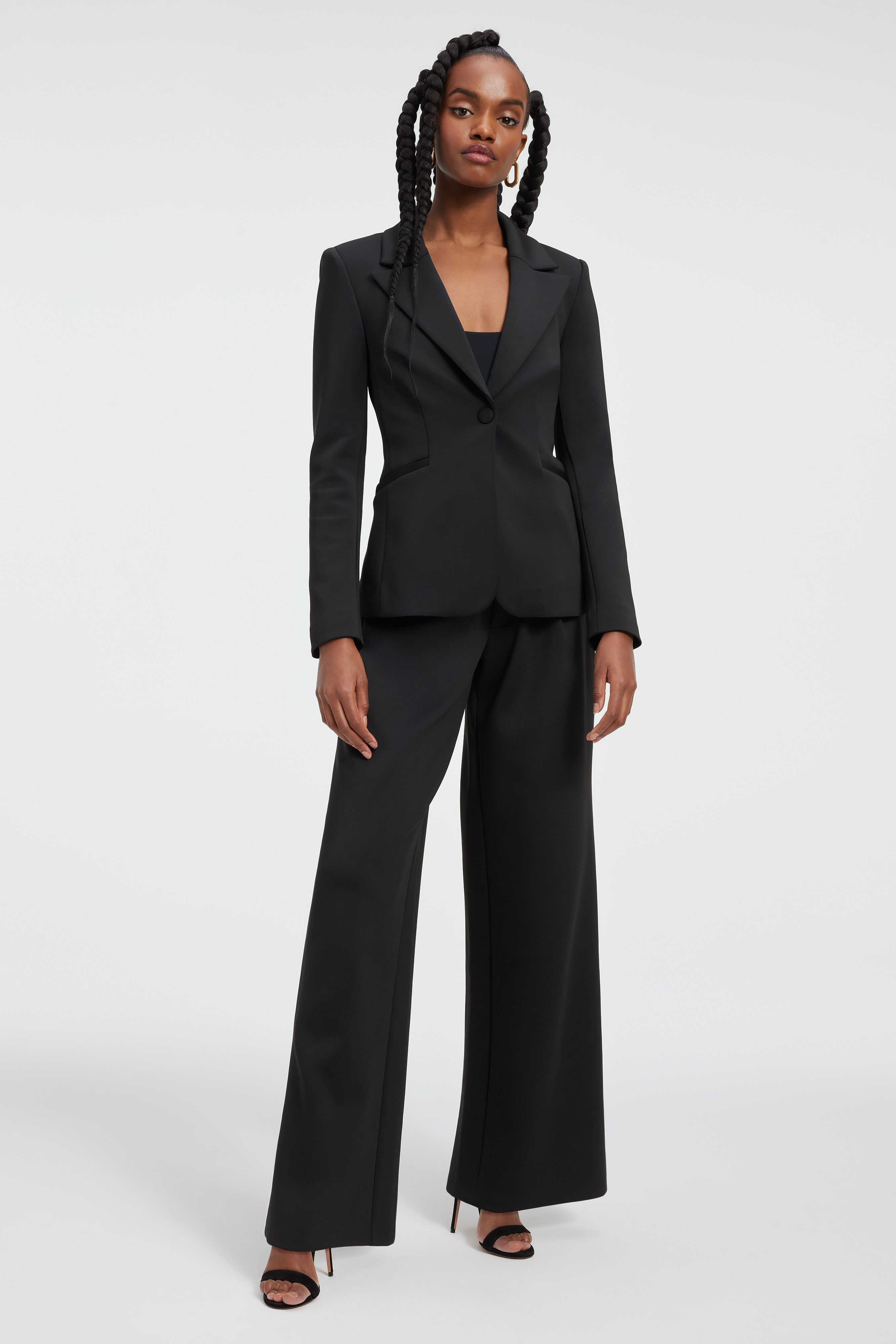 SCUBA FITTED BLAZER in BLACK001 styled with our SCUBA MODERN TANK BODYSUIT in BLACK001, SCUBA TROUSERS in BLACK001, or COMPRESSION SHINE STIRRUP PANTS in BLACK001