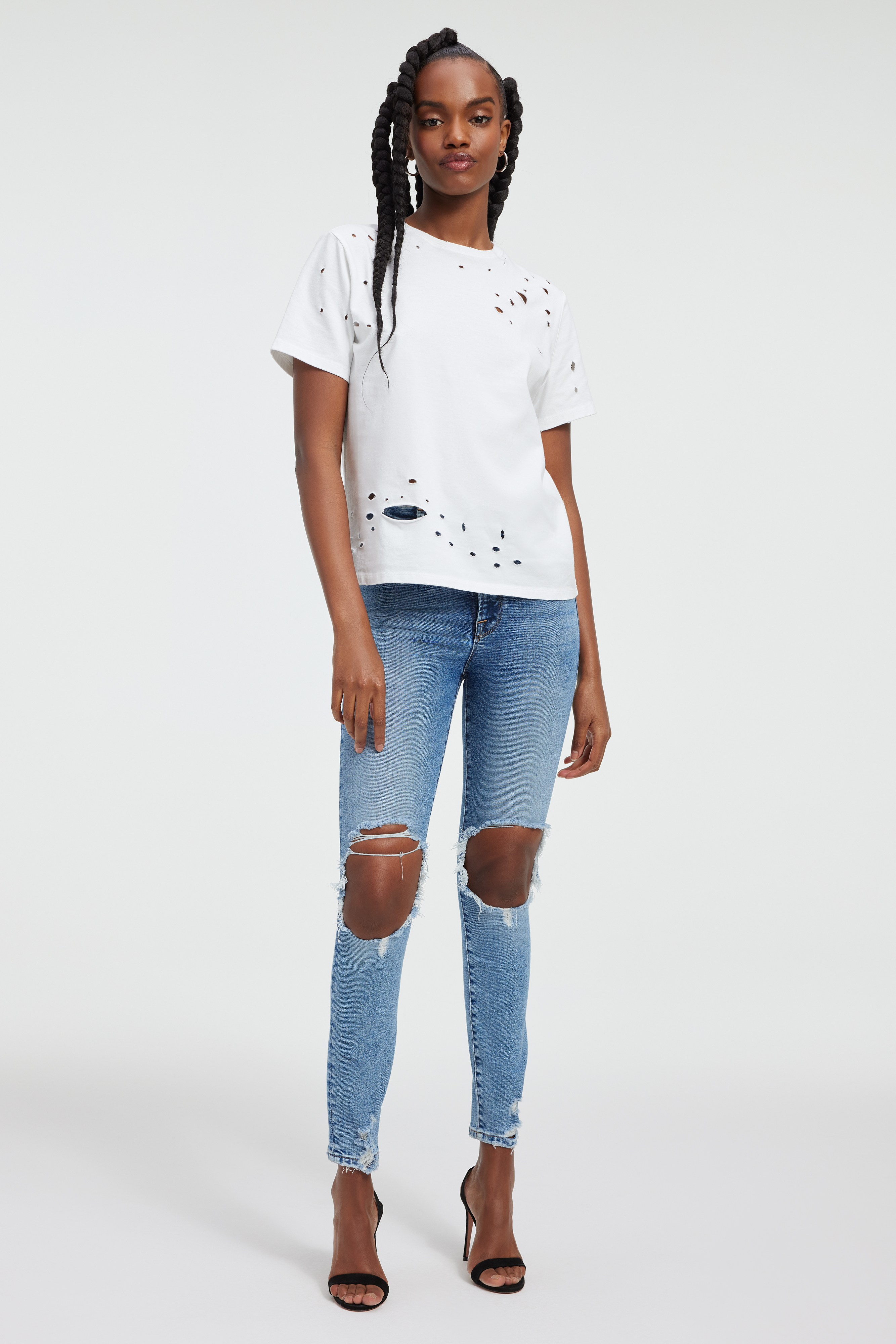 DISTRESSED TEE in IVORY001 styled with our GOOD LEGS SKINNY JEANS in INDIGO385, GOOD LEGS JEANS in INDIGO234, or GOOD WAIST in INDIGO144