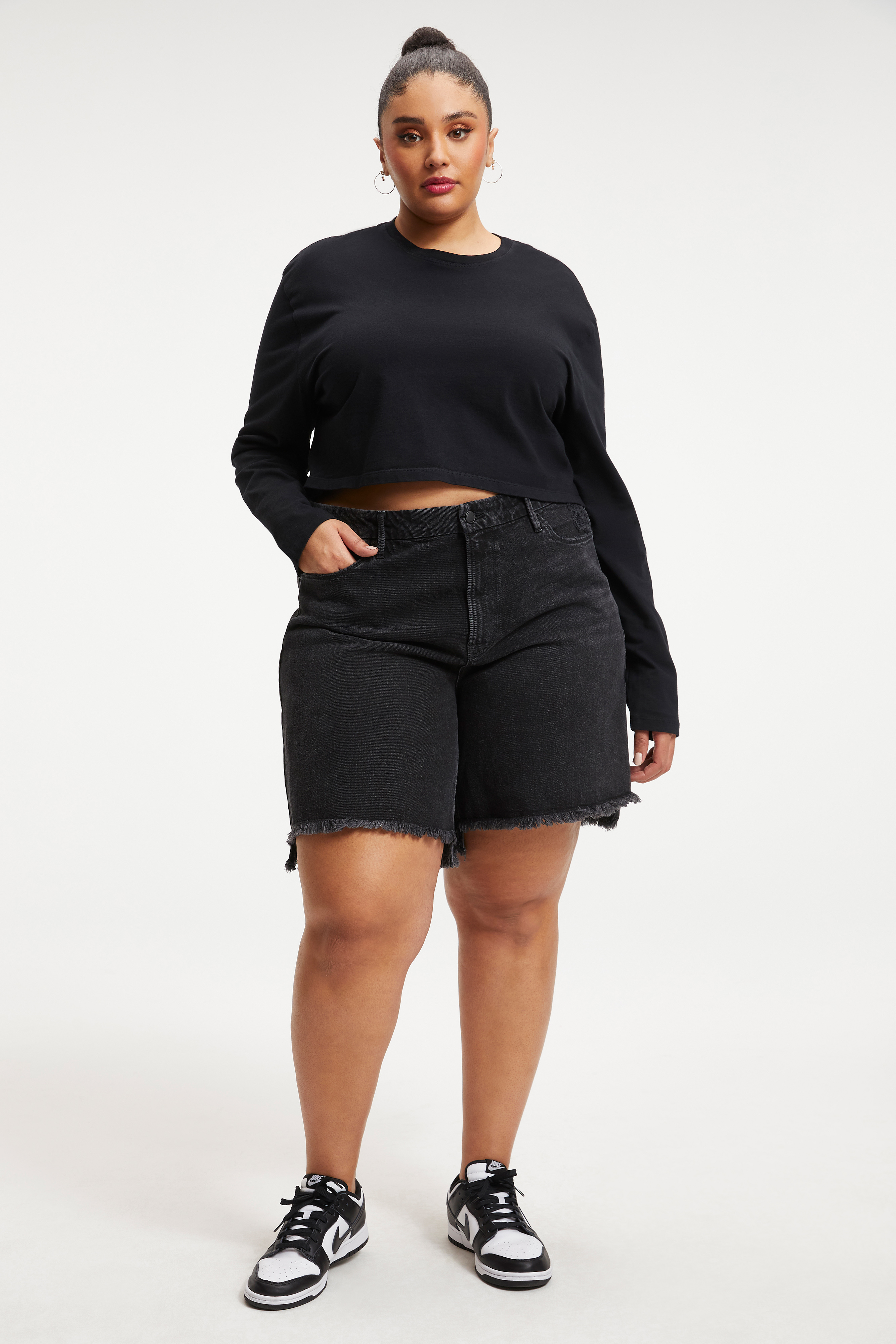 COTTON CROPPED LONG SLEEVE in BLACK001 styled with our GOOD LEGS STRAIGHT NEVER FADE JEANS in BLACK001, GOOD LEGS FLARE NEVER FADE JEANS in BLACK001, or GOOD ICON JEANS in BLACK279
