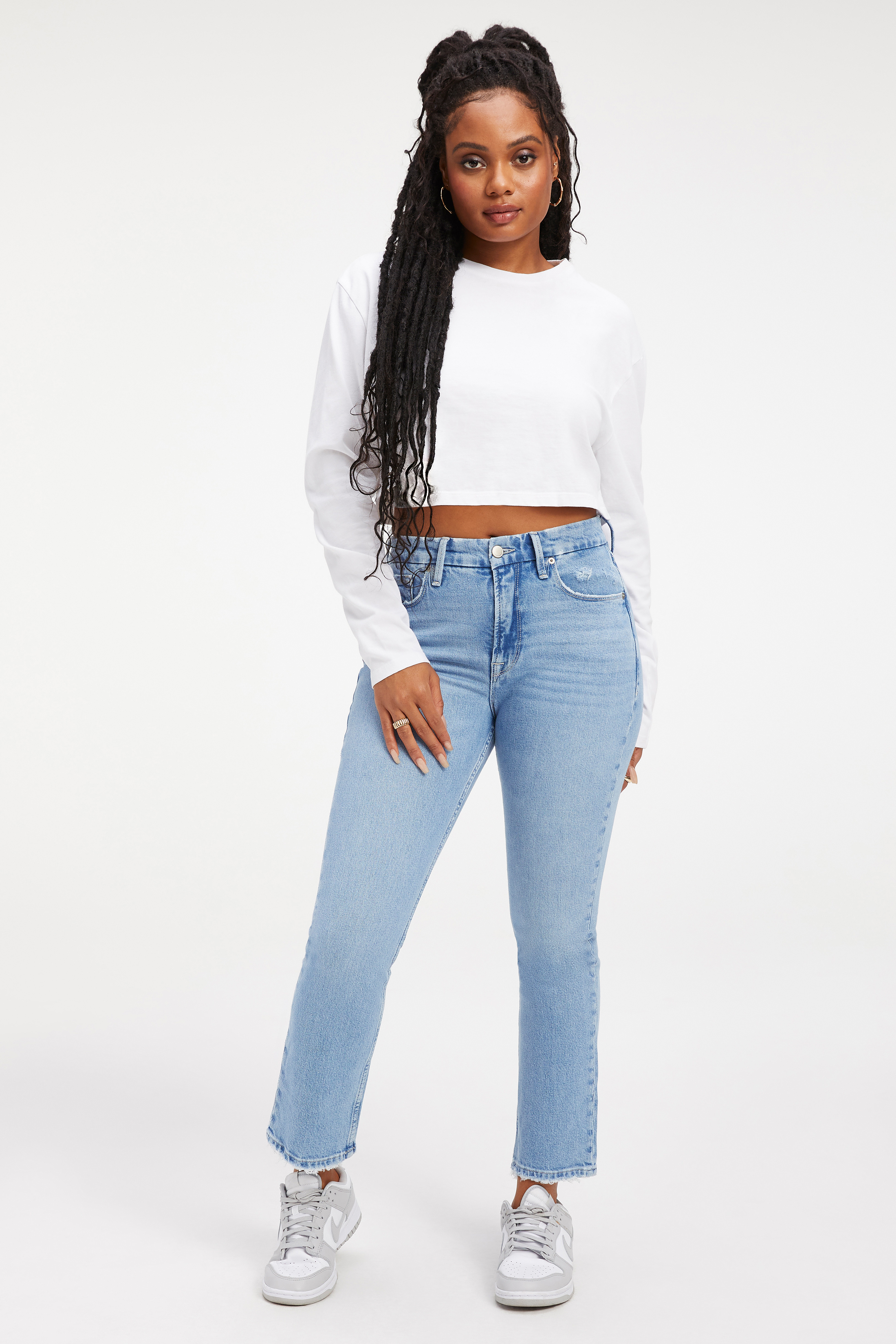 COTTON CROPPED LONG SLEEVE in WHITE001 styled with our GOOD STRAIGHT JEANS in BLUE449, GOOD CLASSIC JEANS in INDIGO334, or GOOD STRAIGHT JEANS in INDIGO126