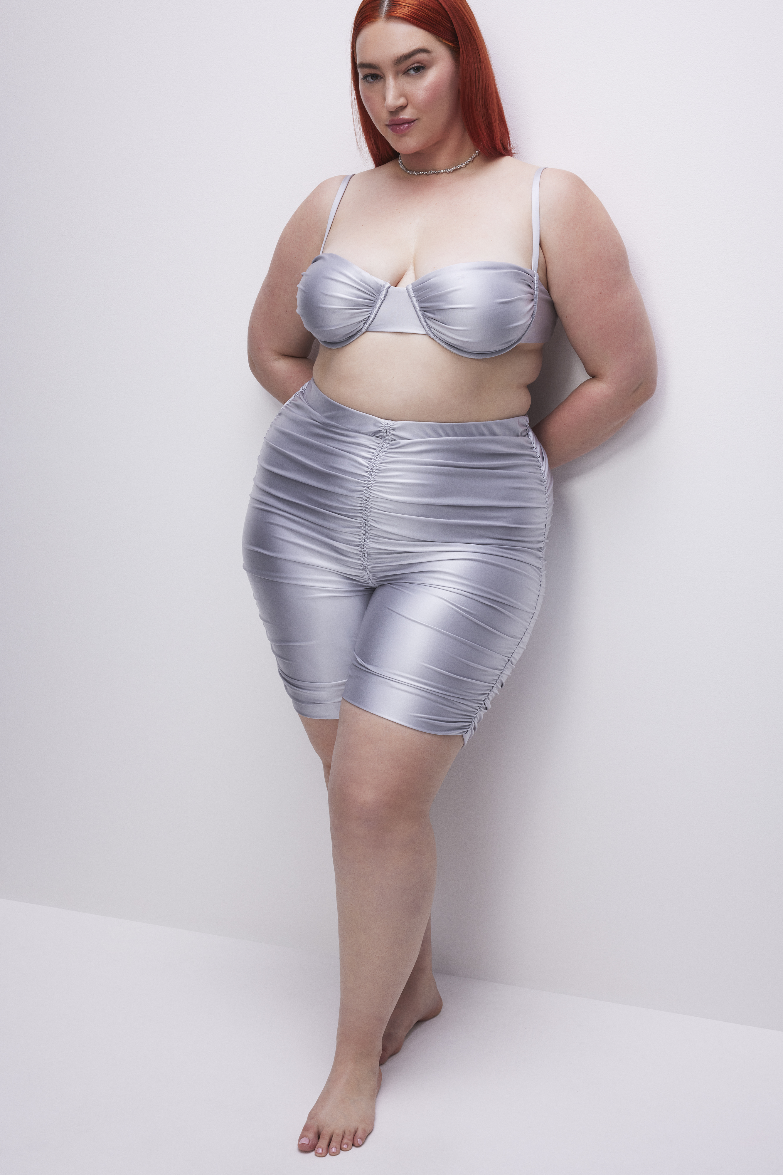 RUCHED BIKE SHORTS in SILVER001 styled with our RUCHED CROPPED SWIM TEE in SILVER001, or RUCHED BANDEAU in SILVER001