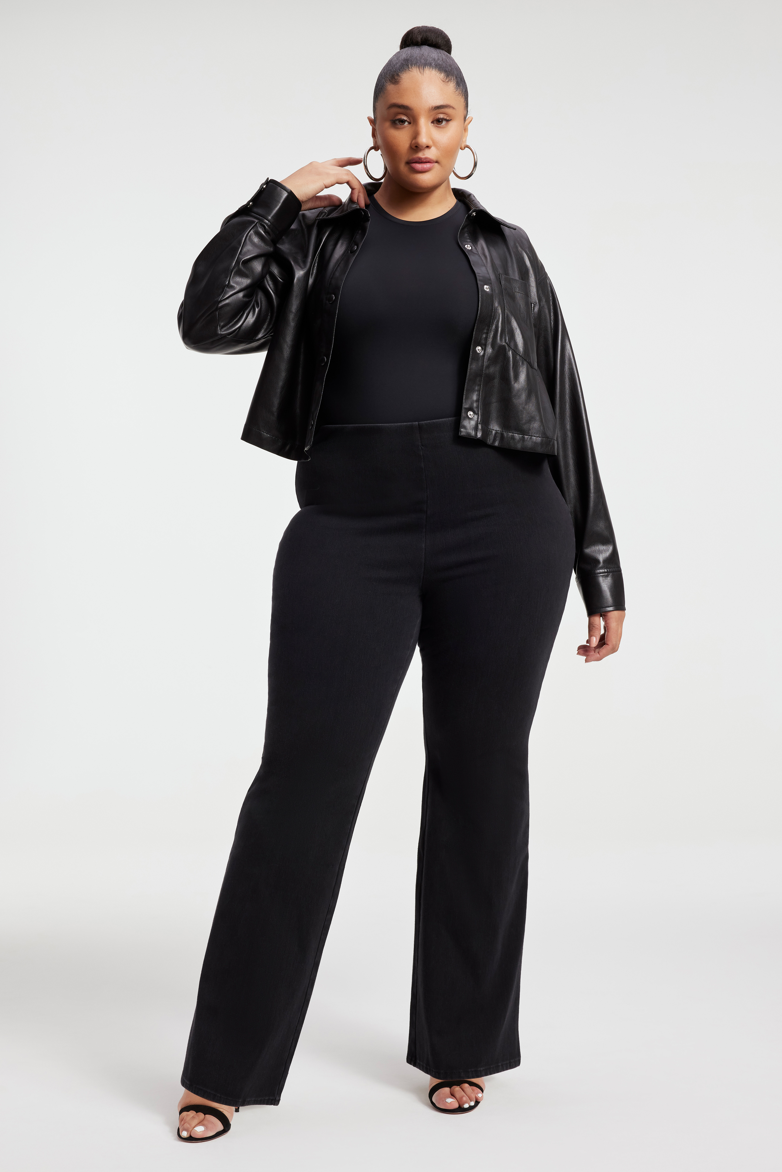 SOFT SCULPT PULL-ON FLARE JEANS in BLACK378 styled with our SCULPTED TEE in BLACK001, JEANIUS FITTED TEE in BLACK378, or FAUX LEATHER CROP SHIRT in BLACK001