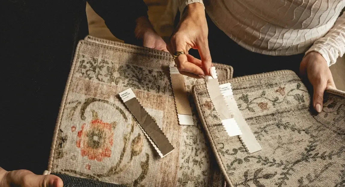 Hug Rug founders selecting eco-washable rug samples.