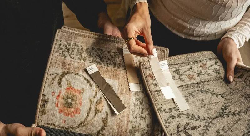 Hug Rug founders selecting eco-washable rug samples.