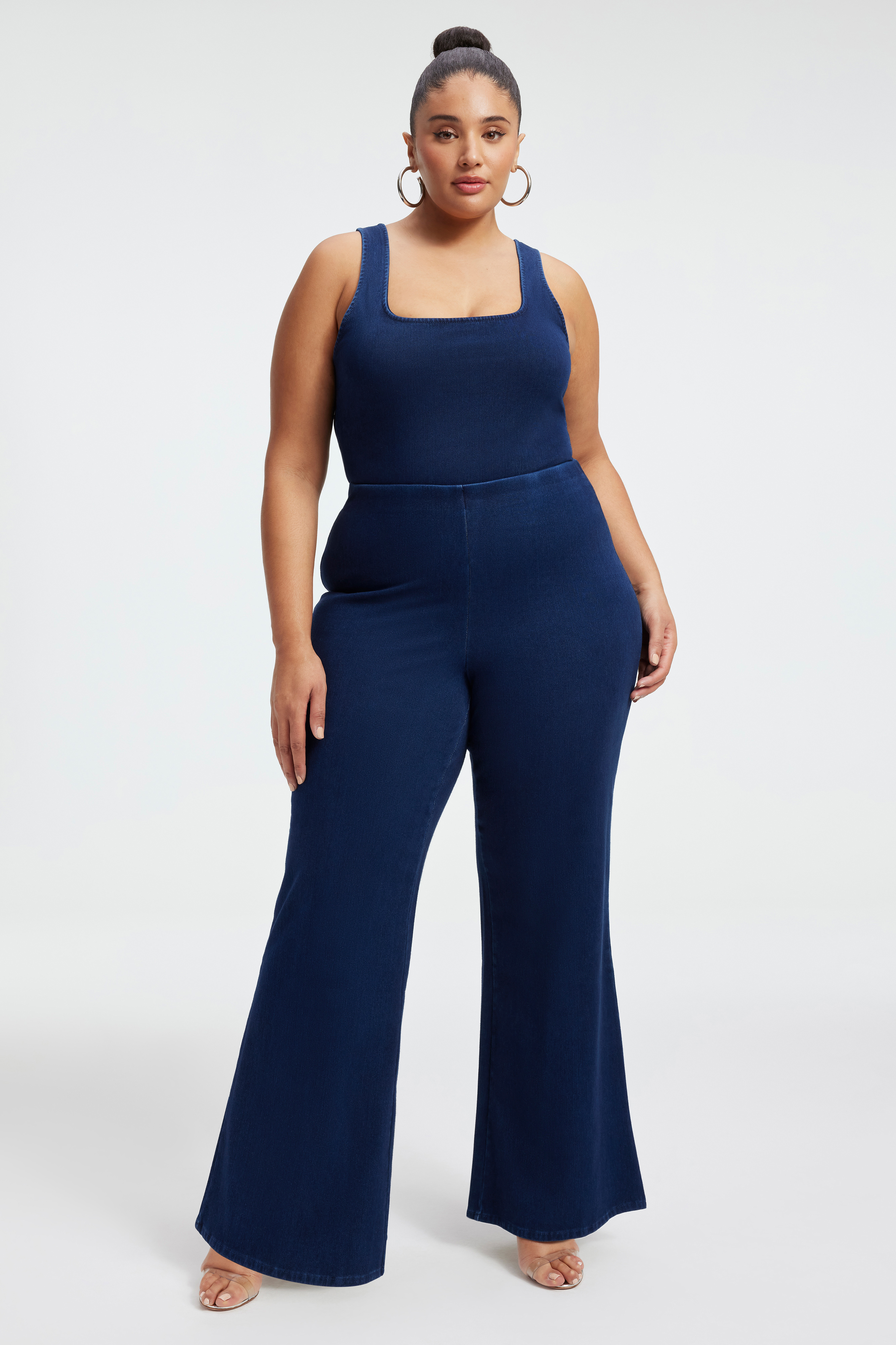 SOFT SCULPT PULL-ON PALAZZO JEANS in INDIGO377 styled with our SOFT SCULPT CORSET TANK in INDIGO377, JEANIUS CROPPED SWEATSHIRT in INDIGO377, or JEANIUS RIBBED TANK in INDIGO377