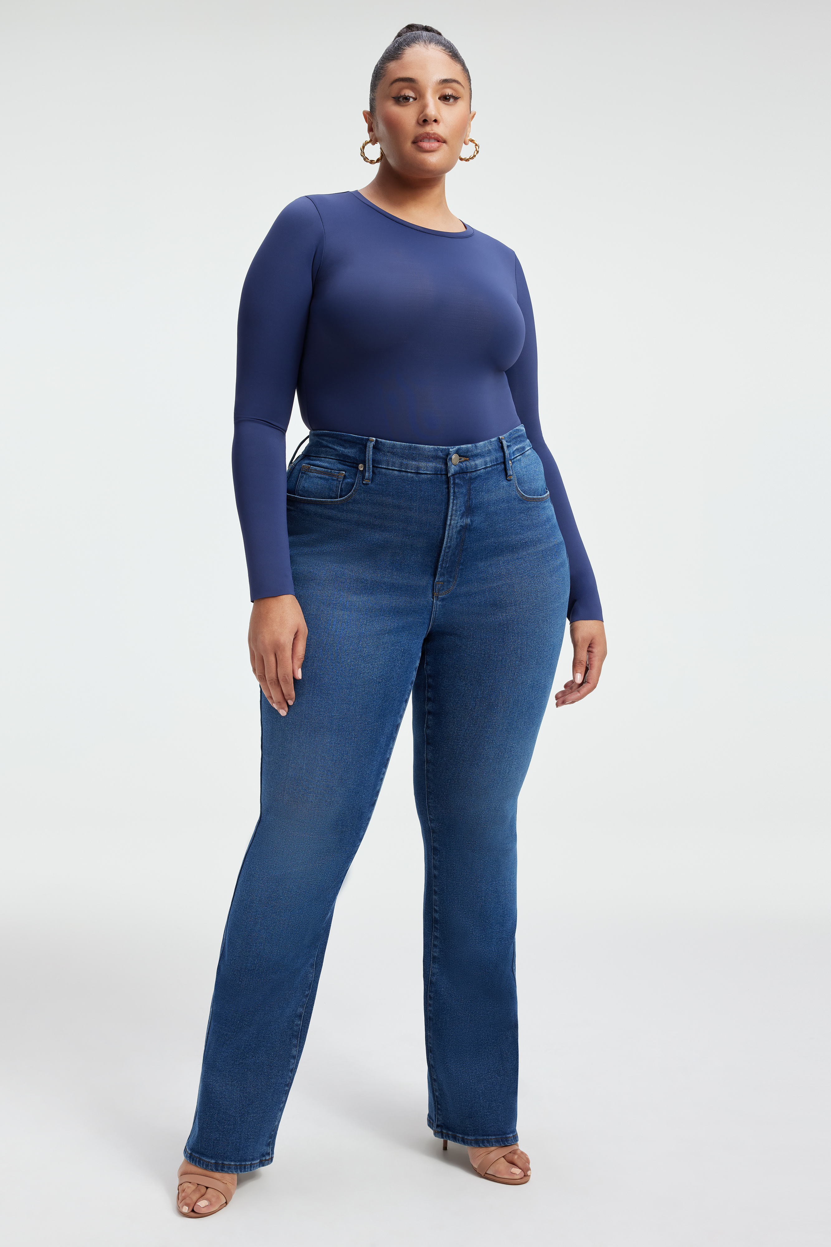 GOOD CURVE BOOTCUT JEANS in INDIGO422 styled with our SOFT SCULPT MODERN TANK BODYSUIT in INDIGO377, SCOOP NECK BODYSUIT in IVORY001, or SCUBA FUNNEL TANK BODYSUIT in WHITE001