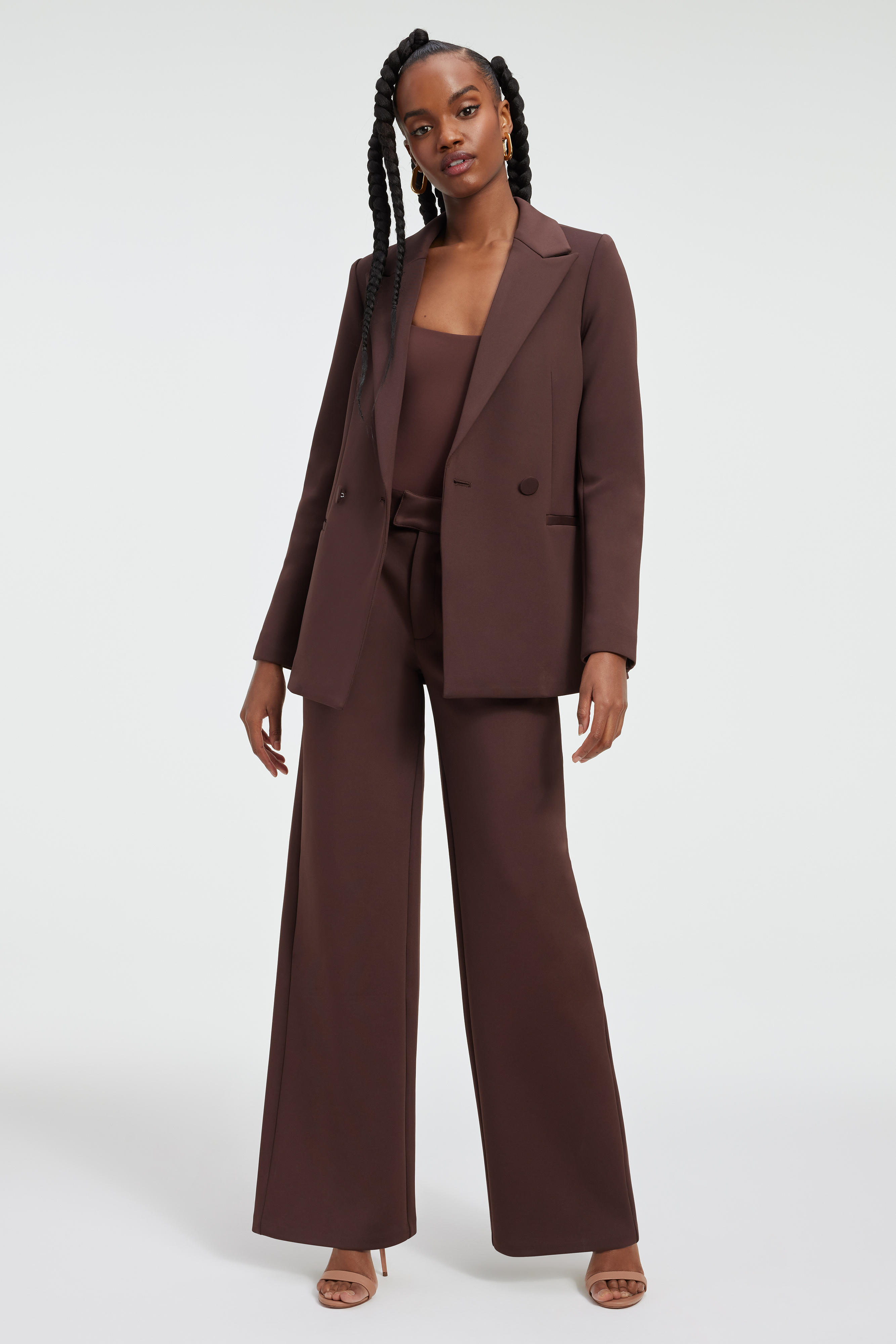 SCUBA 2.0 BLAZER in DARK COCOA styled with our SCUBA MODERN TANK BODYSUIT in DARK COCOA, SCUBA TROUSERS in DARK COCOA, or SCUBA MINI SKIRT in DARK COCOA