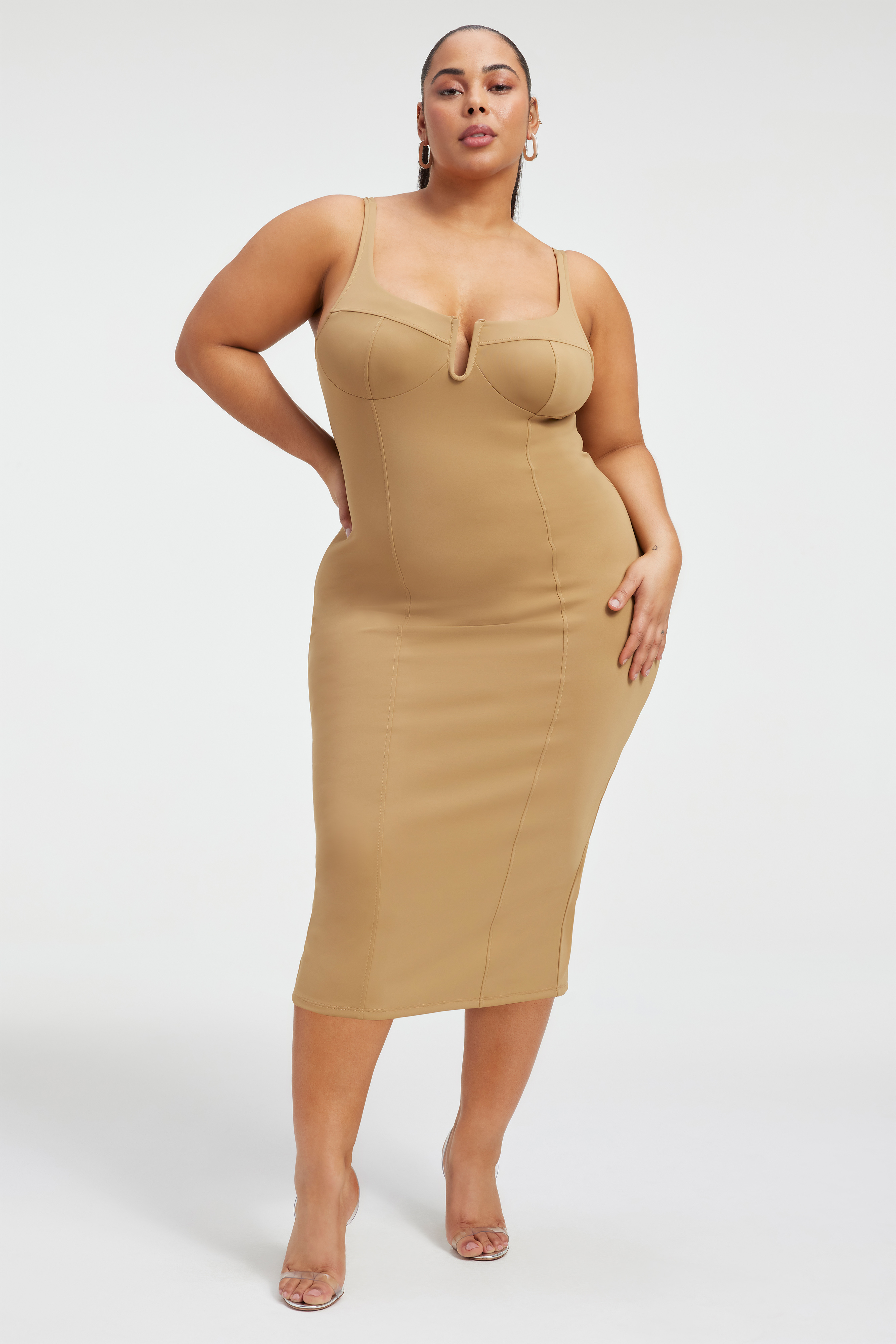 SCUBA U CORSET MIDI DRESS in PECAN001 styled with our or CINDER-F*CKING-RELLA PUMP in GLASS002