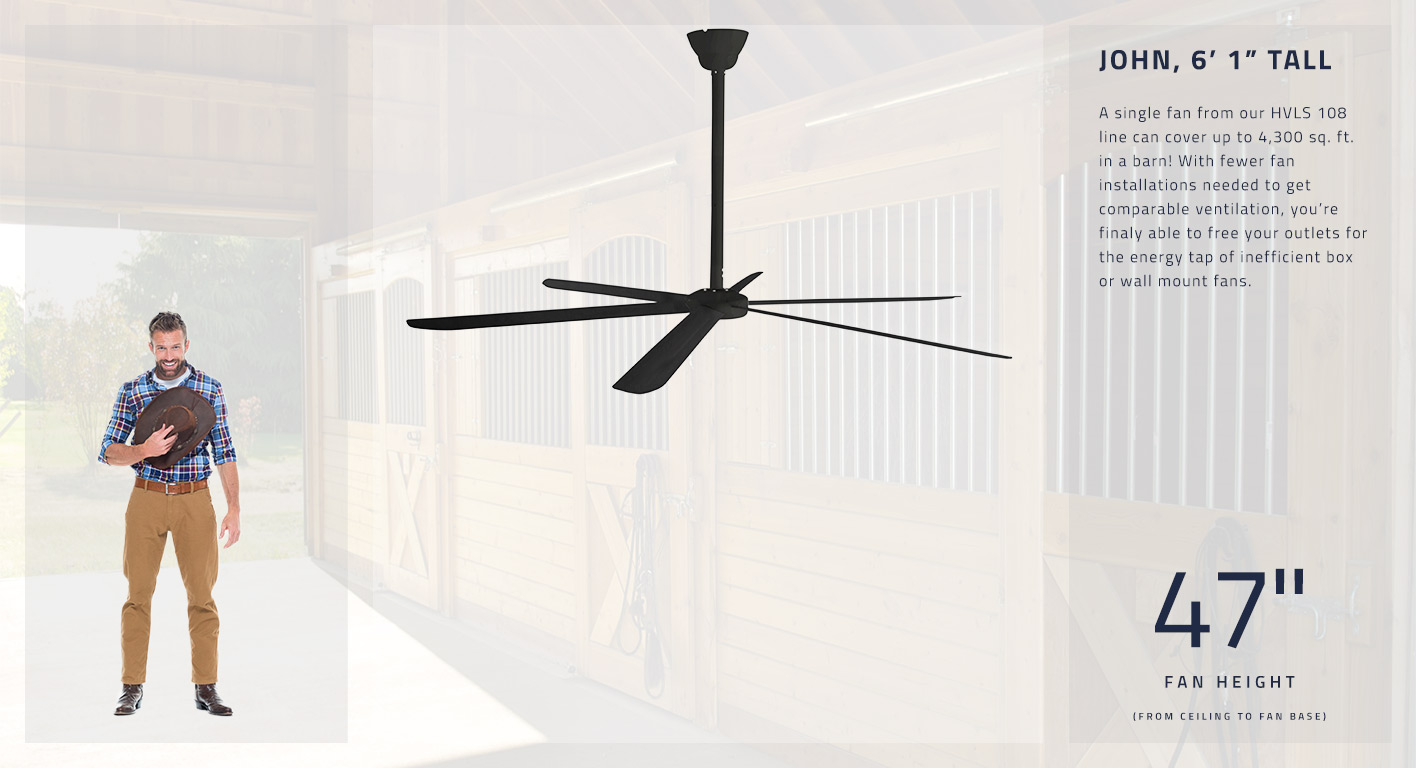 A single fan from our HVLS 108 line can cover up to 2,700 sq. ft. in a barn! With fewer fan installations needed to get comparable ventilation, you’re finally able to free your outlets for the energy tap of inefficient box or wall mount fans. With the standard 39 in. downrod, this fan hangs at 47 inches tall. 