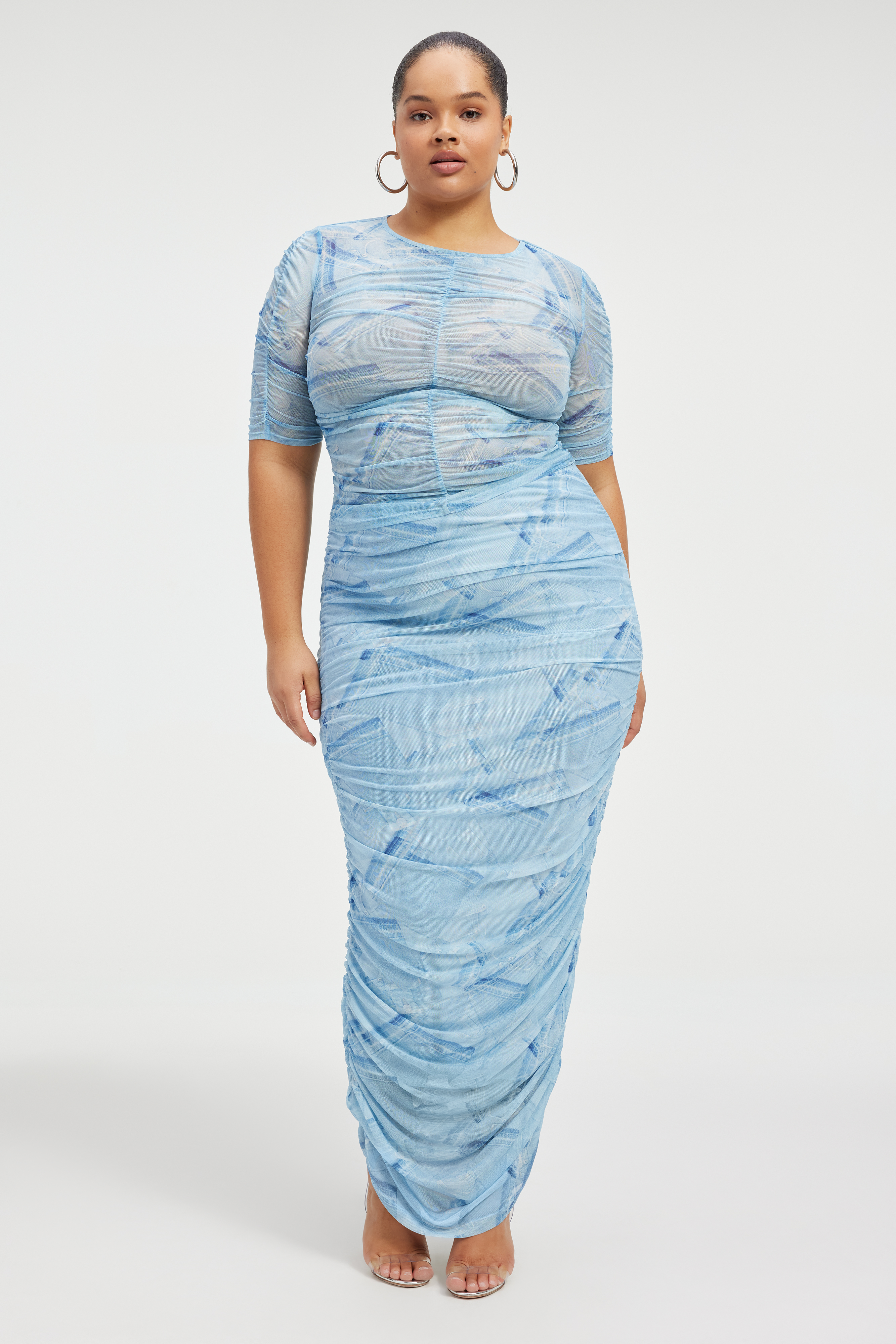 RUCHED MESH MAXI SKIRT in PATCHWORK DENIM001 styled with our RUCHED MESH TOP in PATCHWORK DENIM001, MICRO RIB TANK TOP in WHITE001,
