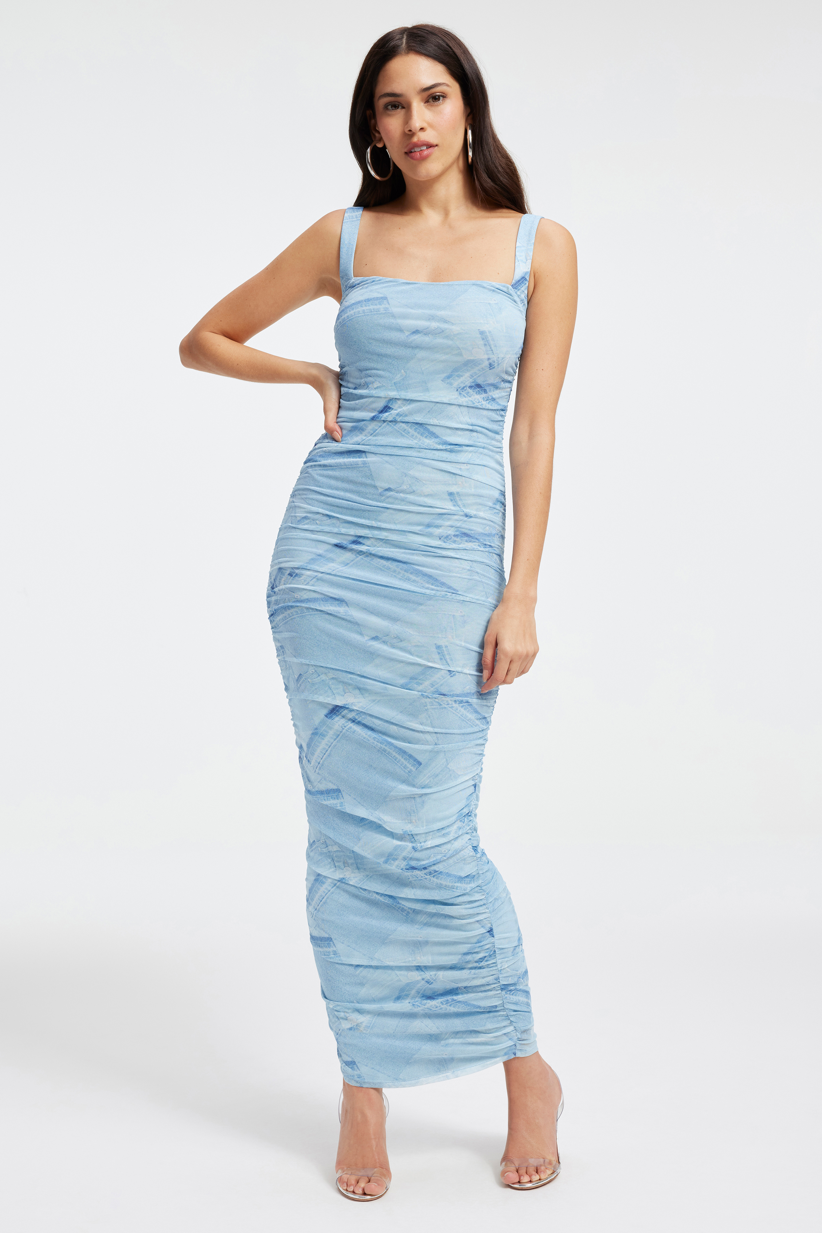 Styled with RUCHED MESH MAXI DRESS | PATCHWORK DENIM001