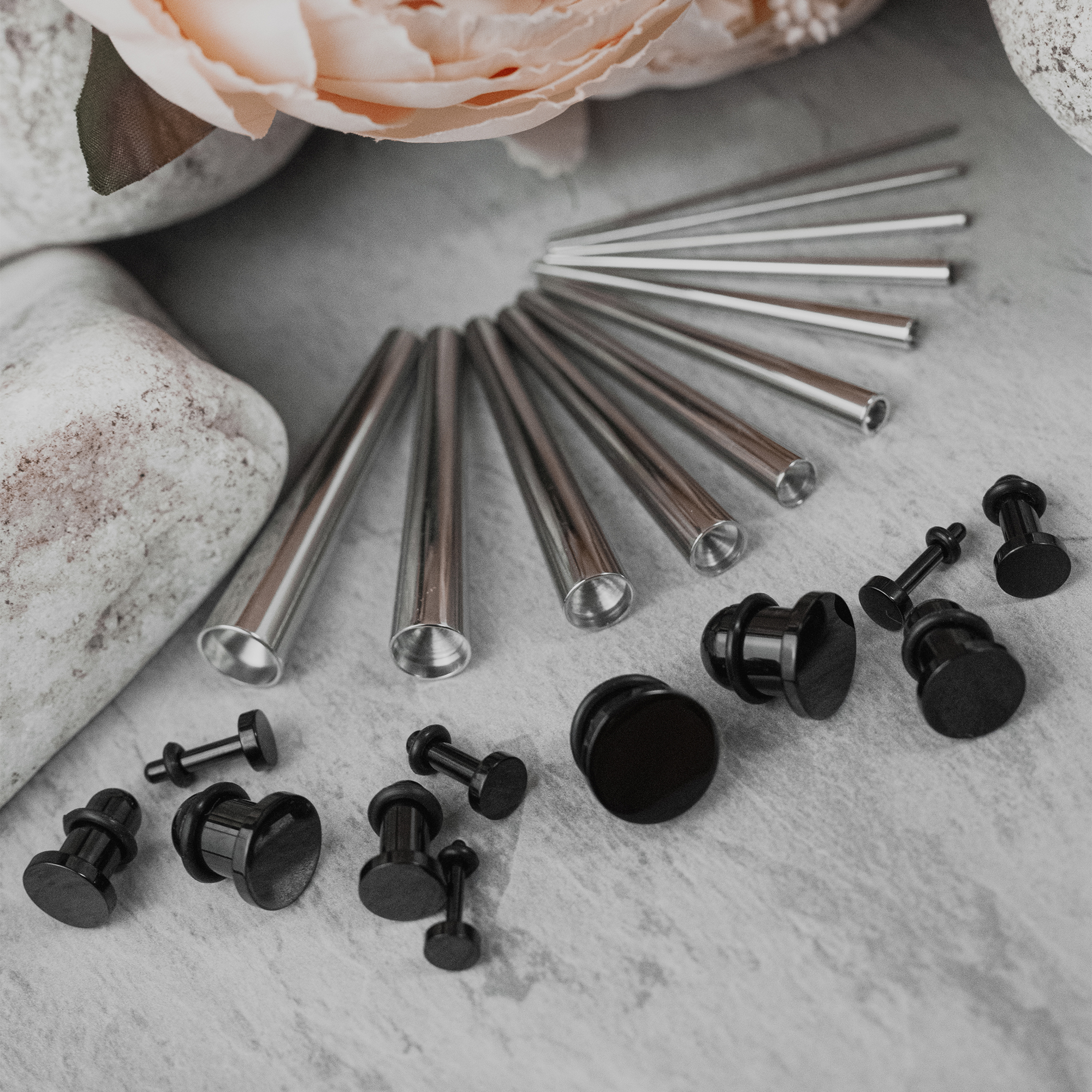 Black Steel Single Flare Plug, Gauge, Stretching Kit, With Insertion Tapers - Custom Plugs Beginners Ear Stretching Kit for Ears - 33 Piece Pack - Includes Surgical Steel Tapers & Black Steel Plug / Gauge