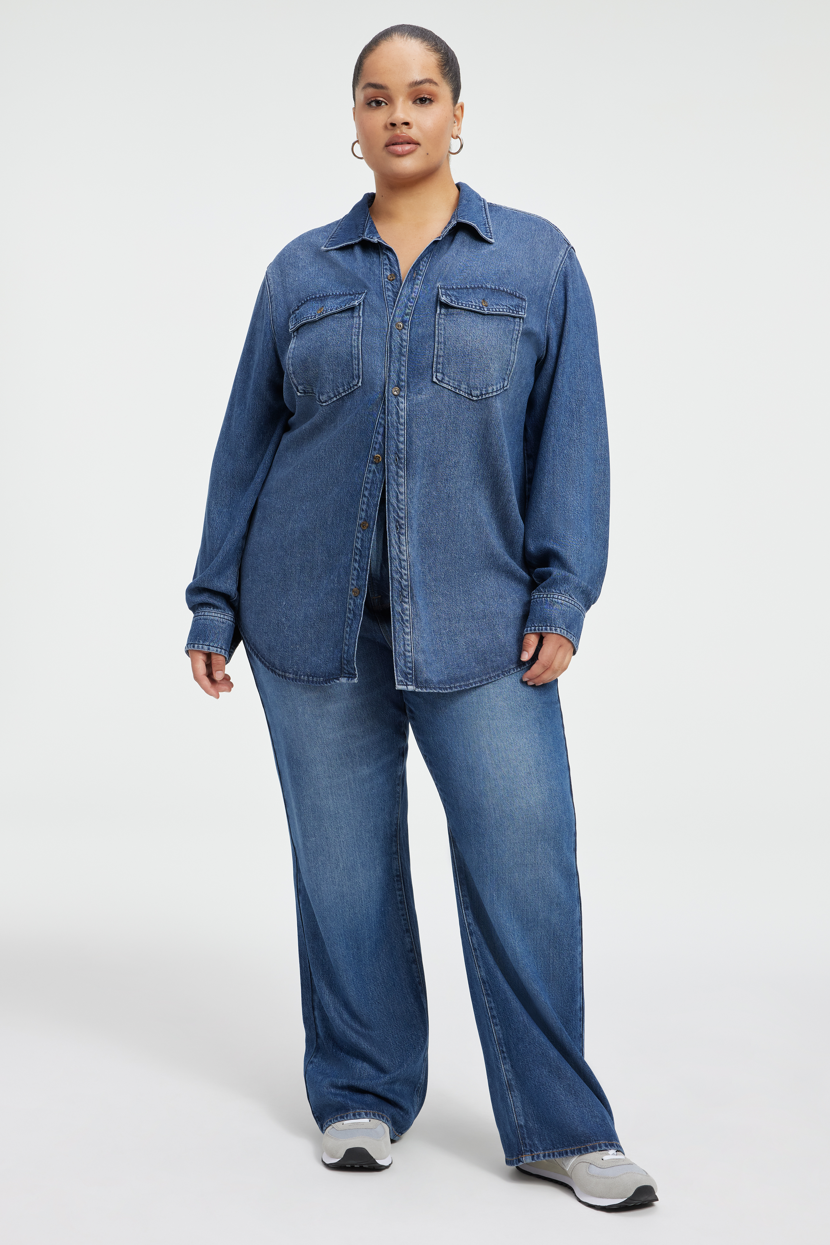 WEIGHTLESS EASY SHIRT in INDIGO395 styled with our WEIGHTLESS TRACK PANTS in INDIGO395, GOOD '90s WEIGHTLESS JEANS in INDIGO395, or WEIGHTLESS DENIM SHORTS in INDIGO395