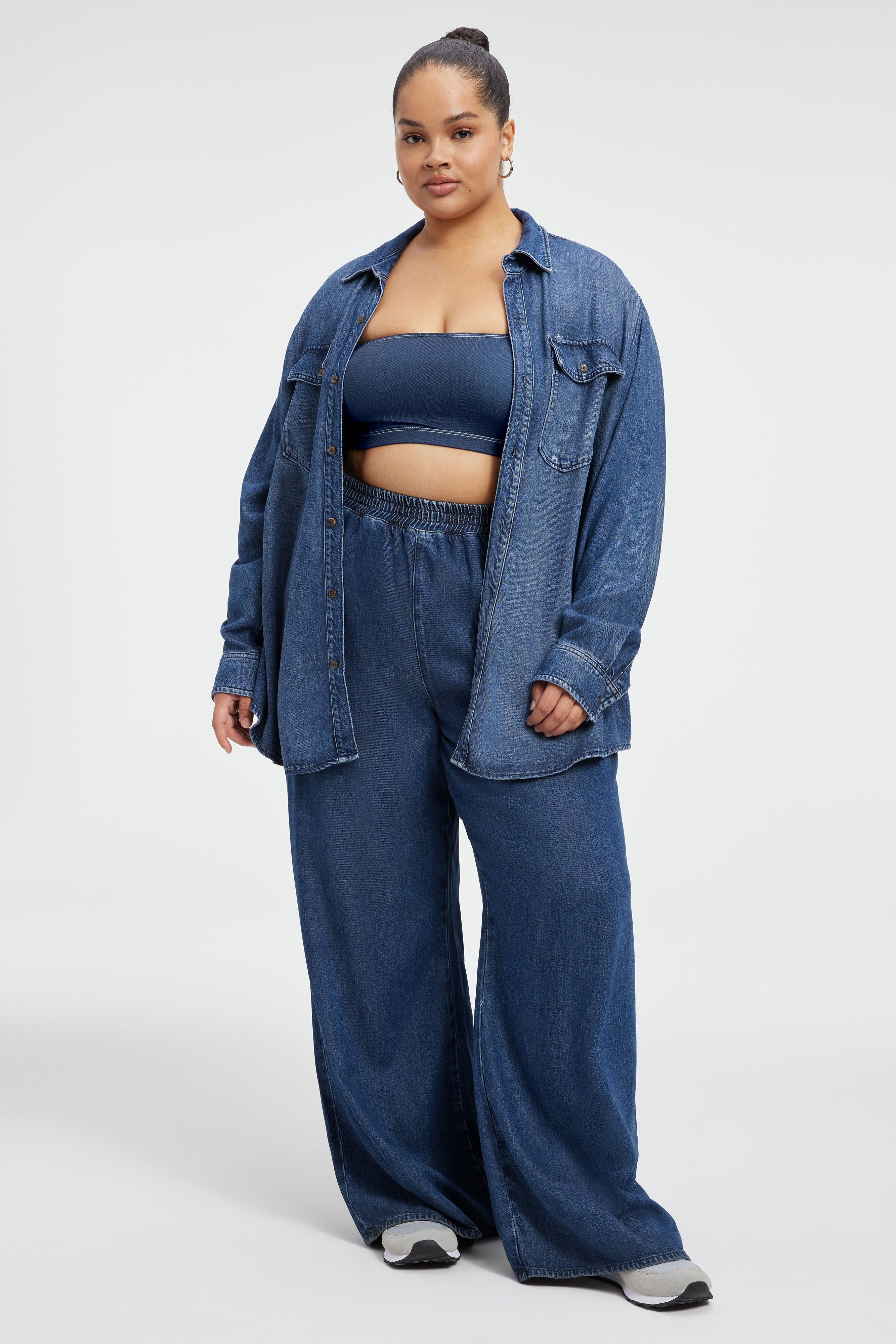 WEIGHTLESS TRACK PANTS in INDIGO395 styled with our WEIGHTLESS EASY SHIRT in INDIGO395, COTTON CROPPED TEE in WHITE001, or COTTON CROPPED LONG SLEEVE in WHITE001