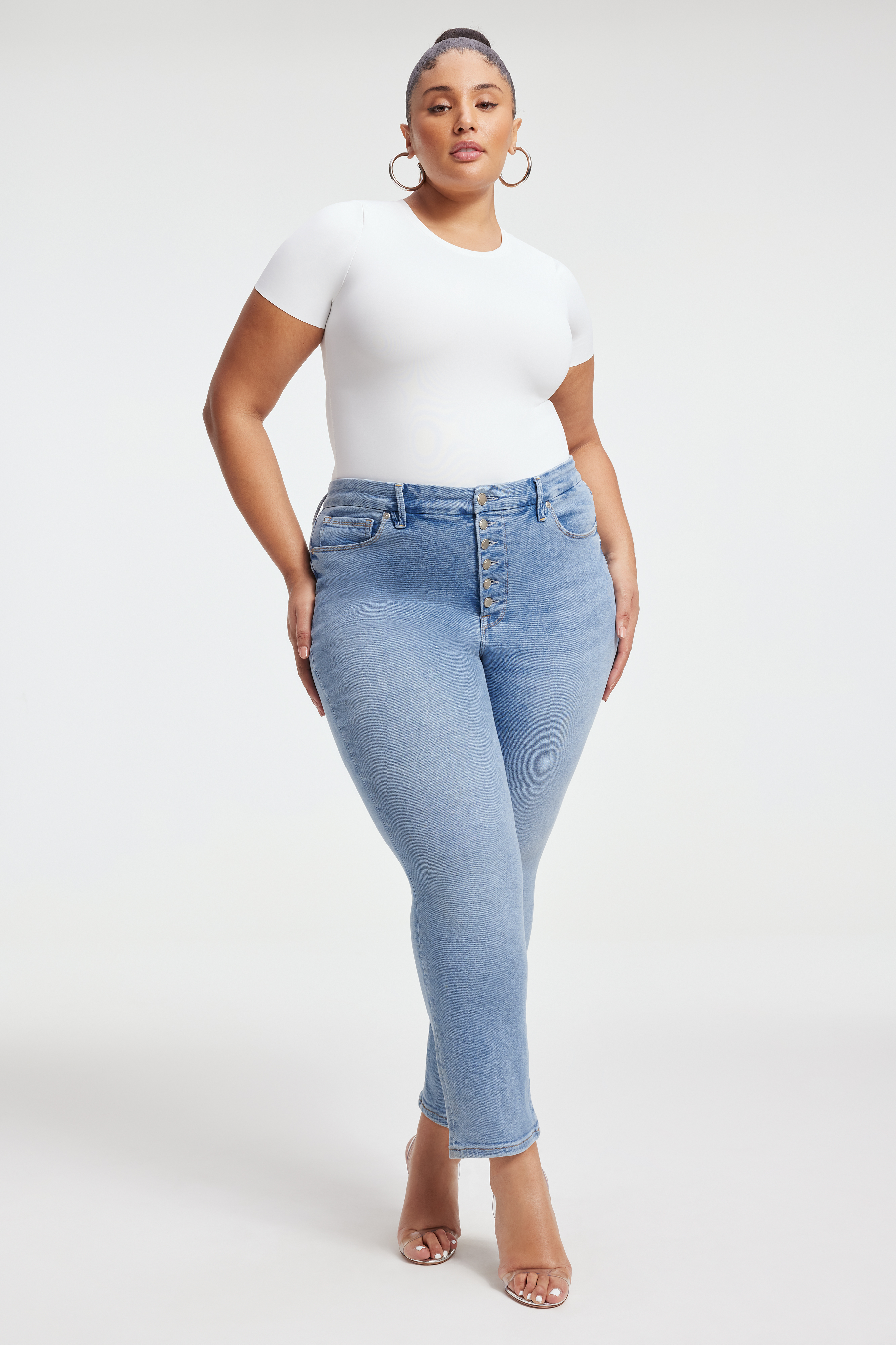 GOOD LEGS CIGARETTE JEANS in INDIGO475 styled with our SCUBA CREW BODYSUIT in WHITE001, SCOOP NECK BODYSUIT in IVORY001, or SUPER STRETCH LONG SLEEVE in WHITE001