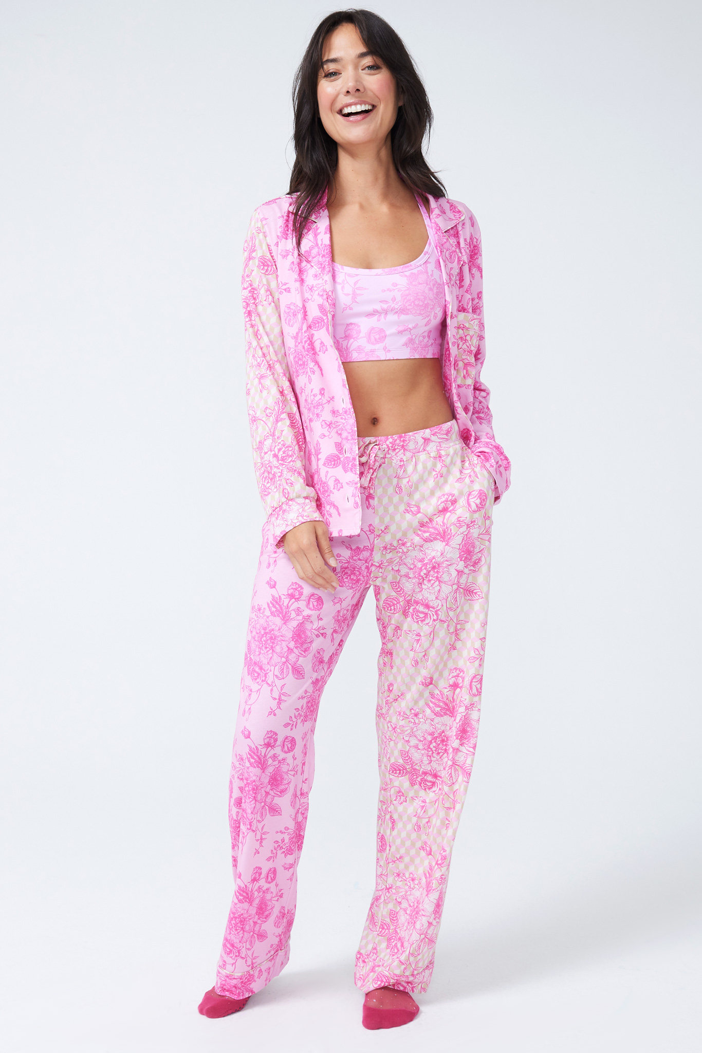 Pajama Set in Pink Porcelain and Oat Milk and Pink Geo –