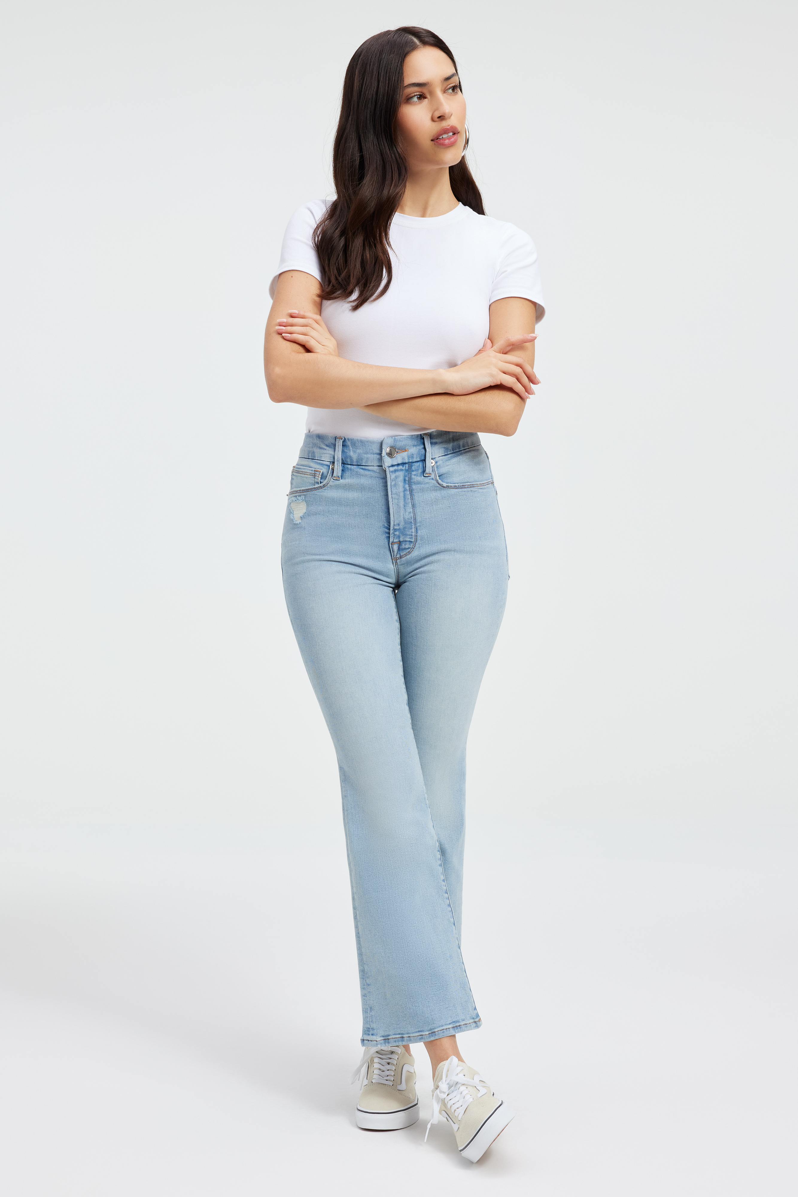 GOOD LEGS CROP MINI BOOT JEANS in INDIGO403 styled with our SCUBA CREW BODYSUIT in WHITE001, COTTON CROPPED LONG SLEEVE in WHITE001, or COTTON CROPPED TEE in WHITE001
