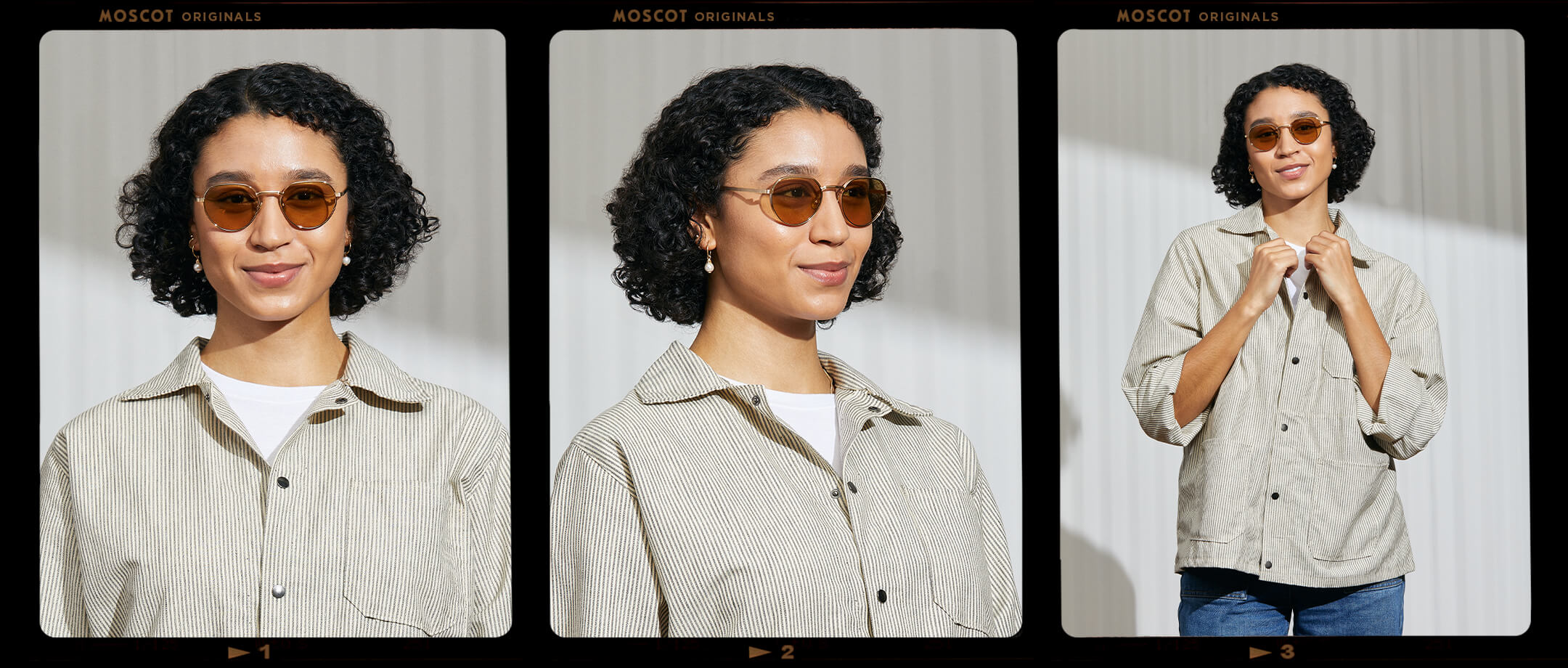 Model is wearing The SMENDRIK SUN in Gold in size 51 with Amber Tinted Lenses