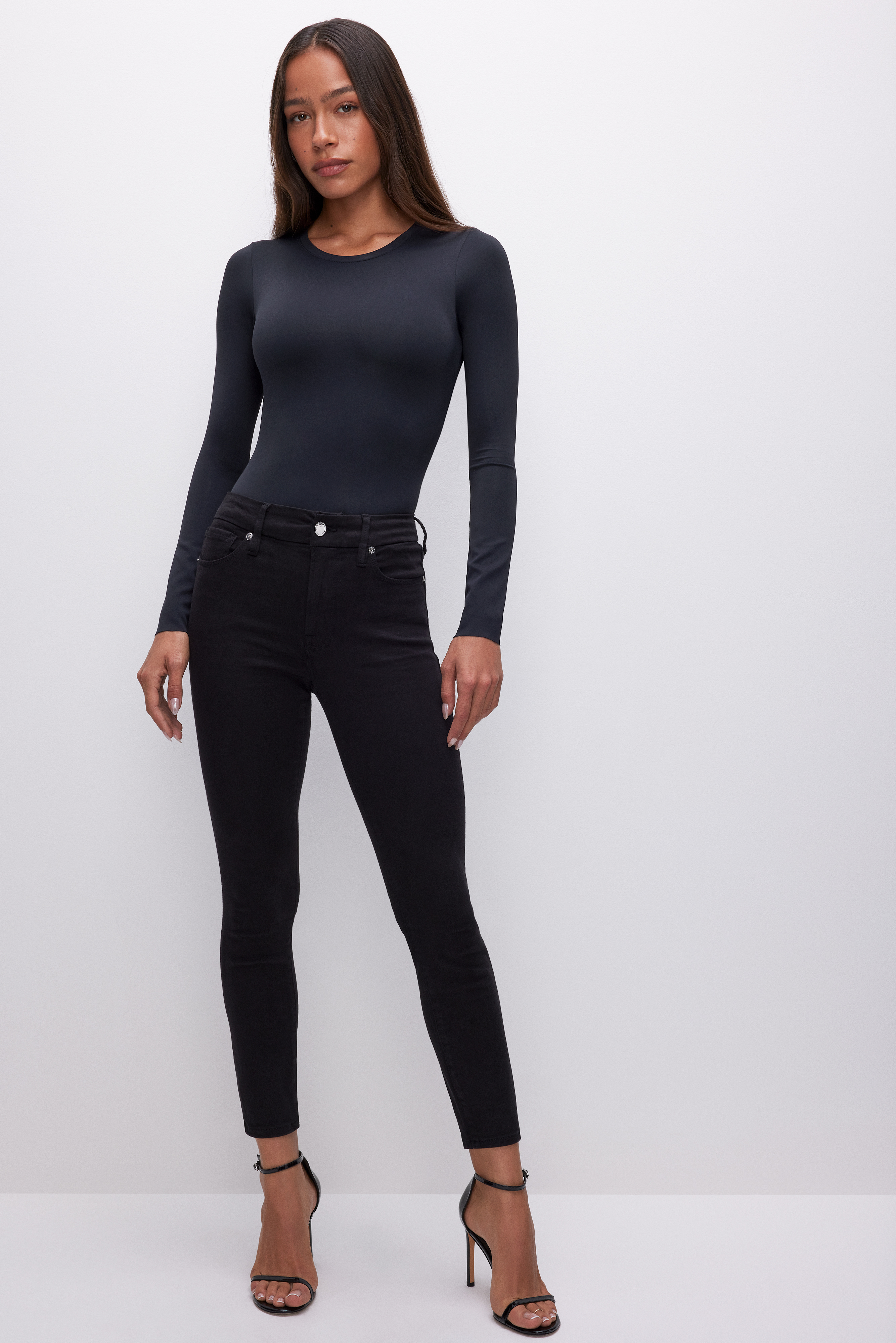 GOOD LEGS CROPPED JEANS in BLACK001 styled with our SCUBA CREW BODYSUIT in BLACK001, SCUBA TEE BODYSUIT in BLACK001, or MICRO RIB TANK TOP in BLACK001