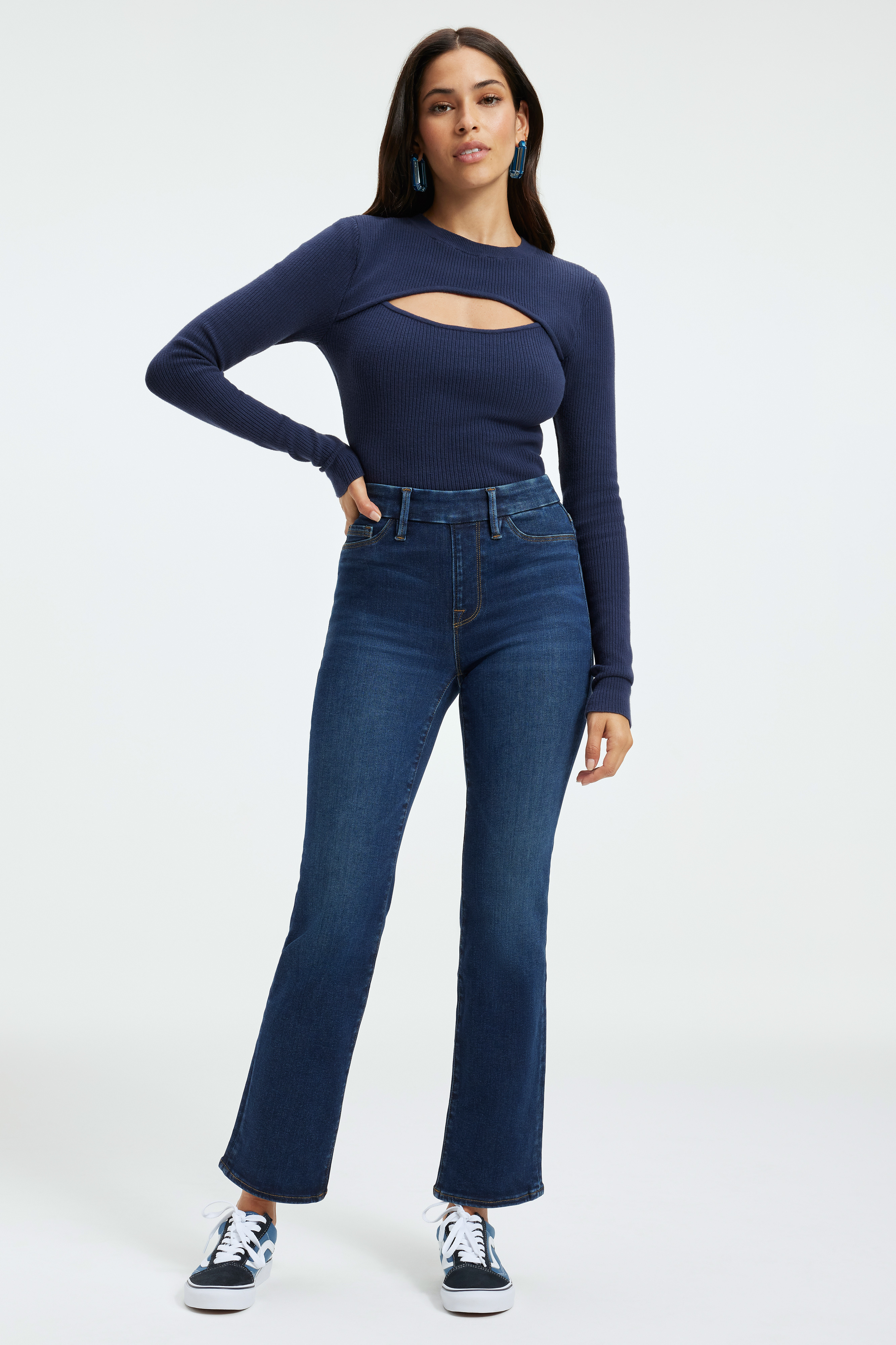 POWER STRETCH PULL-ON STRAIGHT JEANS in INDIGO491 styled with our KNIT CUT-OUT TOP in BLUE RINSE, SCUBA MODERN TANK BODYSUIT in BLUE RINSE, or SOFT SCULPT MODERN TANK BODYSUIT in INDIGO377