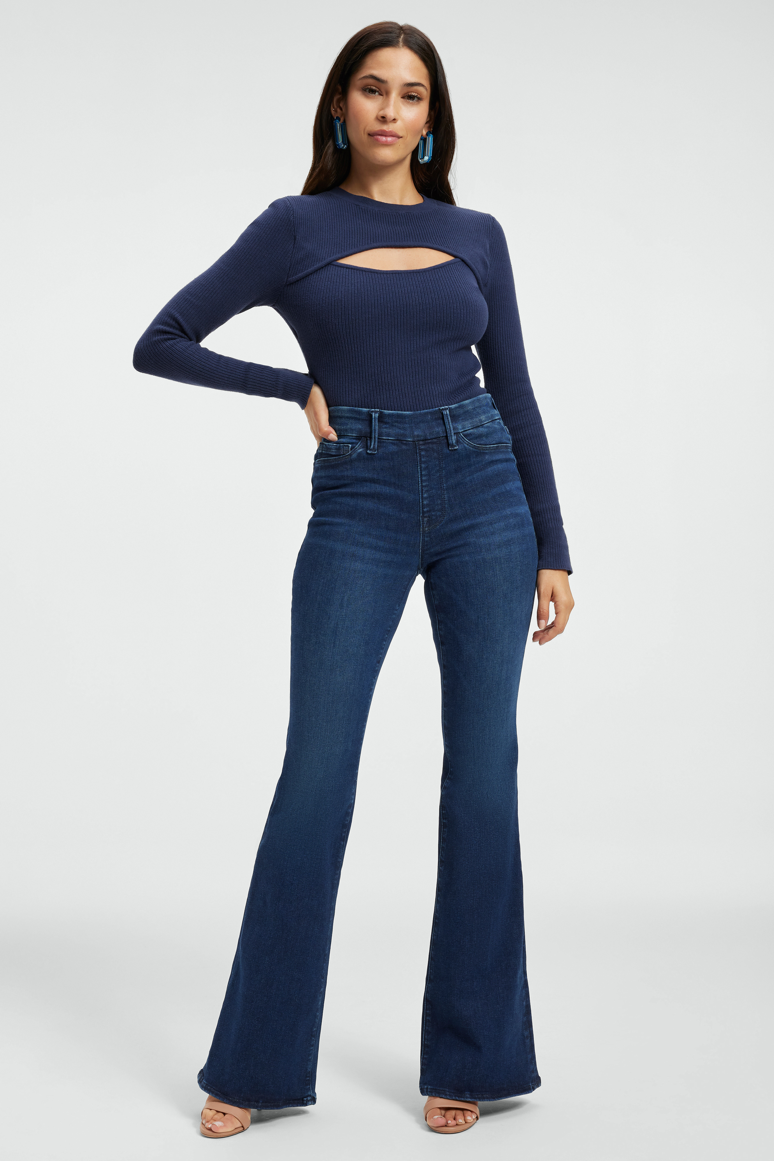 POWER STRETCH PULL-ON FLARE JEANS in INDIGO491 styled with our SCUBA CREW BODYSUIT in BLUE RINSE, SOFT SCULPT MODERN TANK BODYSUIT in INDIGO377, or SUPER STRETCH BABY TEE in WHITE001