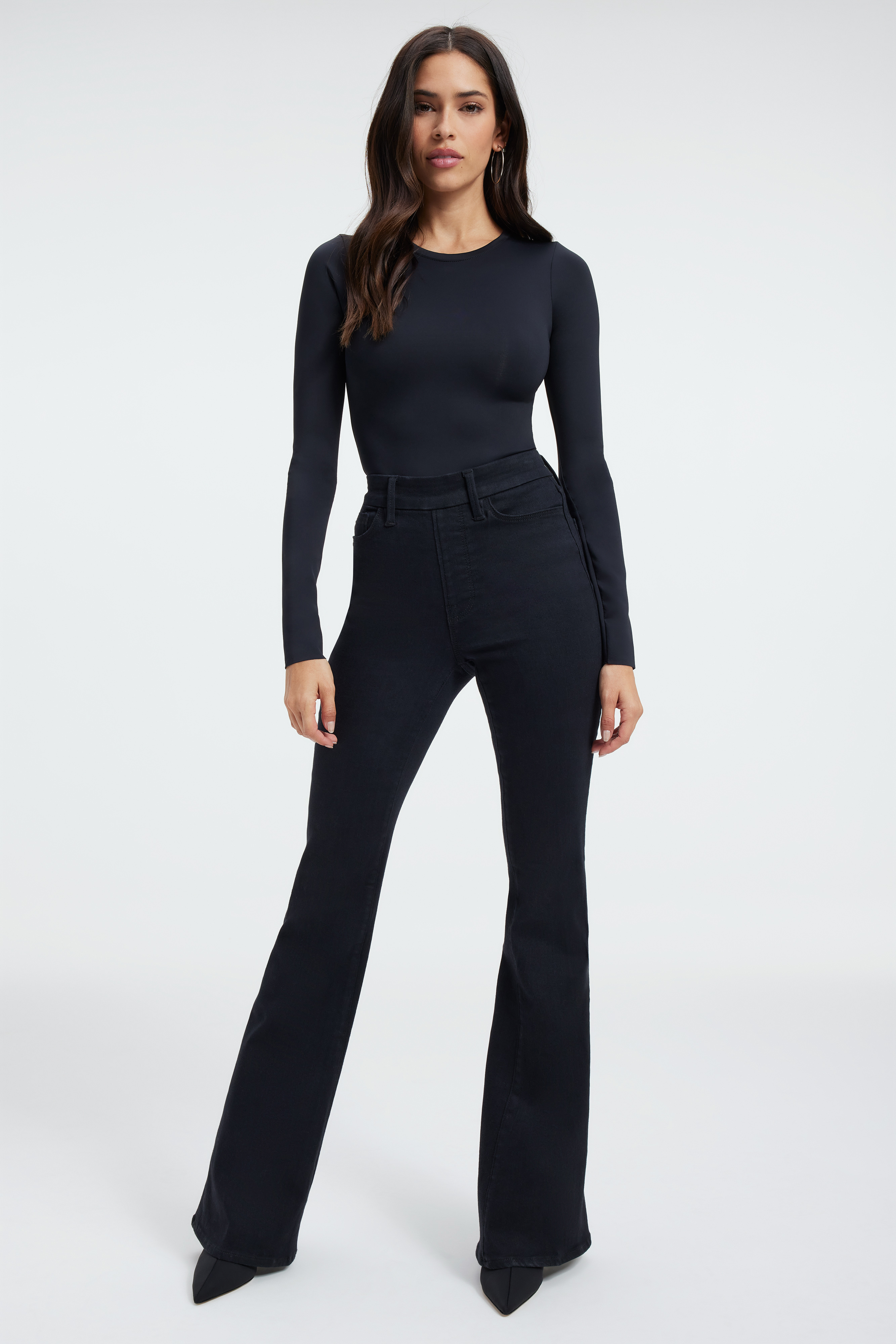 POWER STRETCH PULL-ON FLARE JEANS in BLACK001 styled with our SCUBA FUNNEL NECK BODYSUIT in BLACK001, THE FEEL GOOD LONG SLEEVE BODY in BLACK001, or GOOD TOUCH U RING BODY in BLACK001