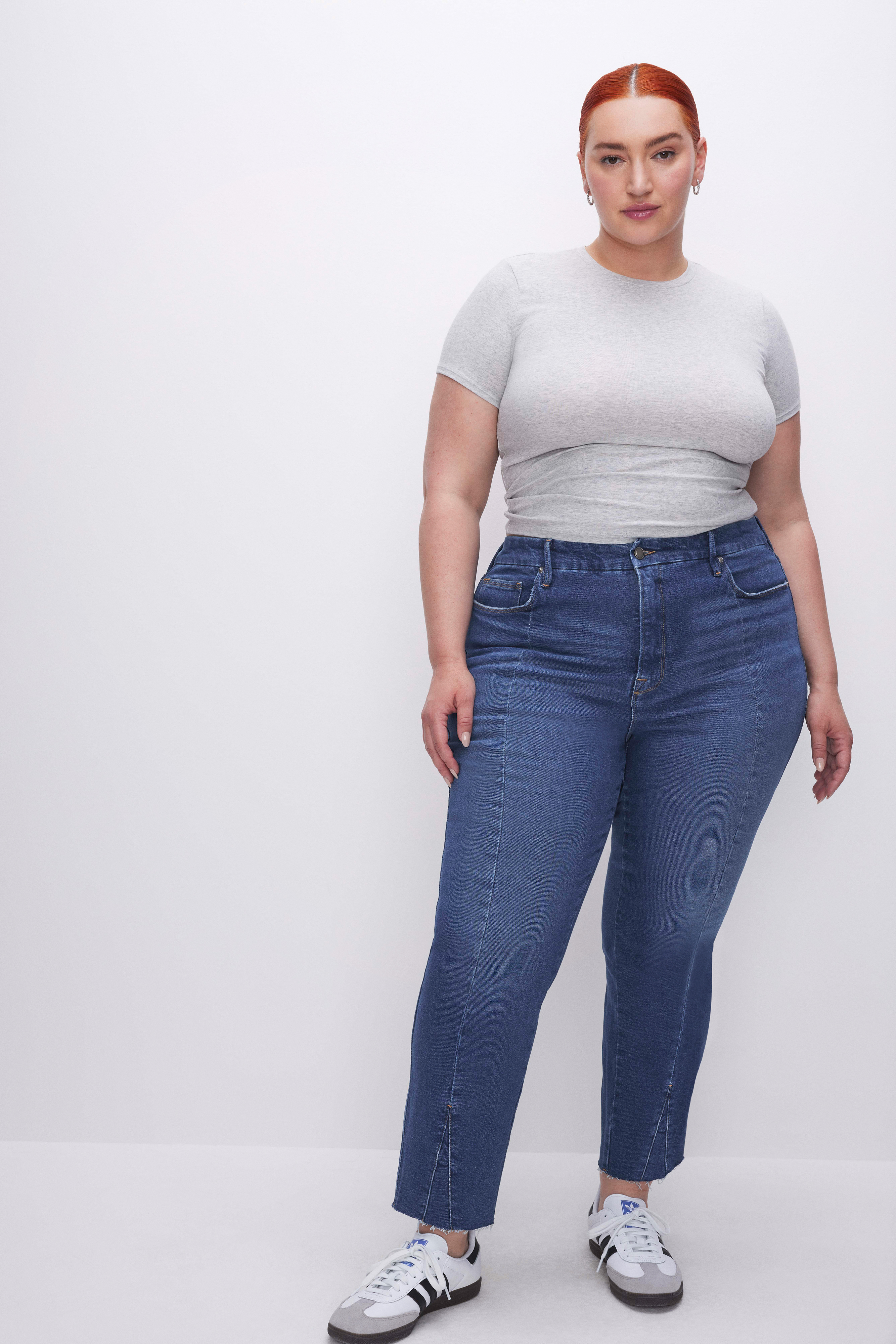 GOOD CURVE STRAIGHT JEANS in INDIGO461 styled with our SUPER STRETCH BABY TEE in HEATHER GREY001, SUPER STRETCH LONG SLEEVE in HEATHER GREY001, or MICRO RIB CREWNECK TANK in HEATHER GREY001