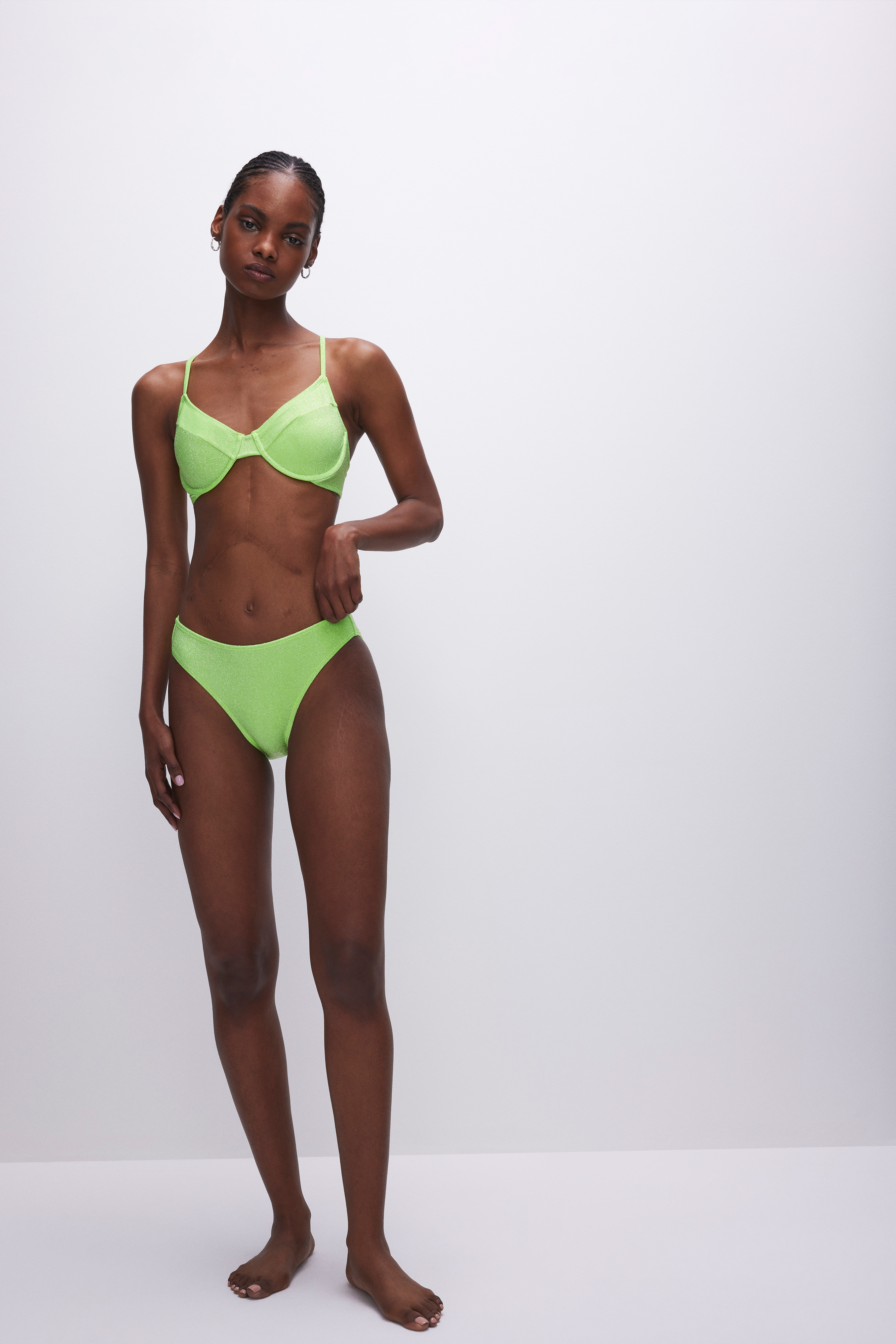 SPARKLE BIKINI BOTTOM in ELECTRIC LIME002 styled with our SPARKLE DEMI CUP BIKINI TOP in ELECTRIC LIME002, or SPARKLE SCOOP BIKINI TOP in ELECTRIC LIME002