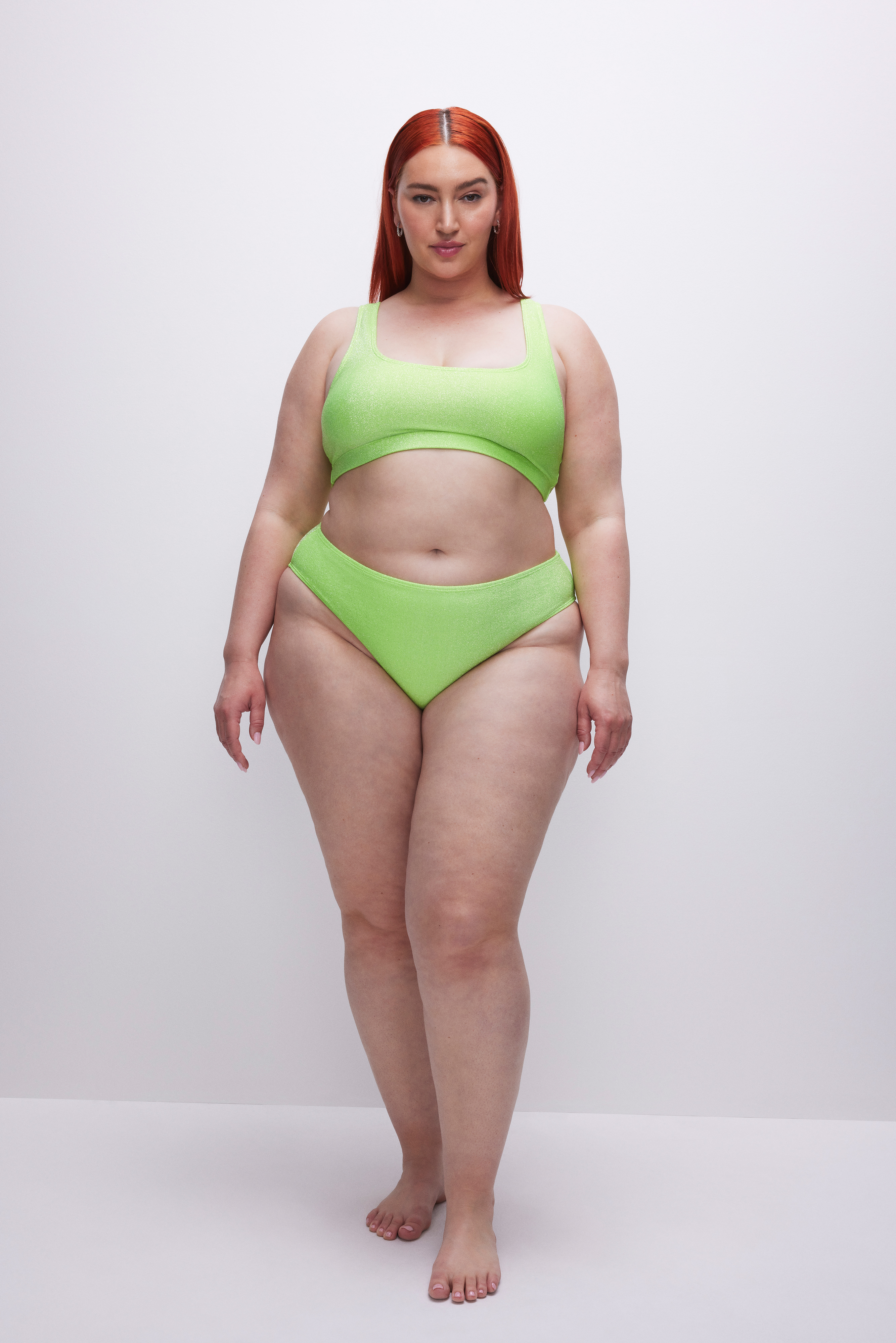 SPARKLE SCOOP BIKINI TOP in ELECTRIC LIME002 styled with our SPARKLE BIKINI BOTTOM in ELECTRIC LIME002, SPARKLE SWIM BRIEF in ELECTRIC LIME002, or SPARKLE MINI TWIST SARONG in ELECTRIC LIME002
