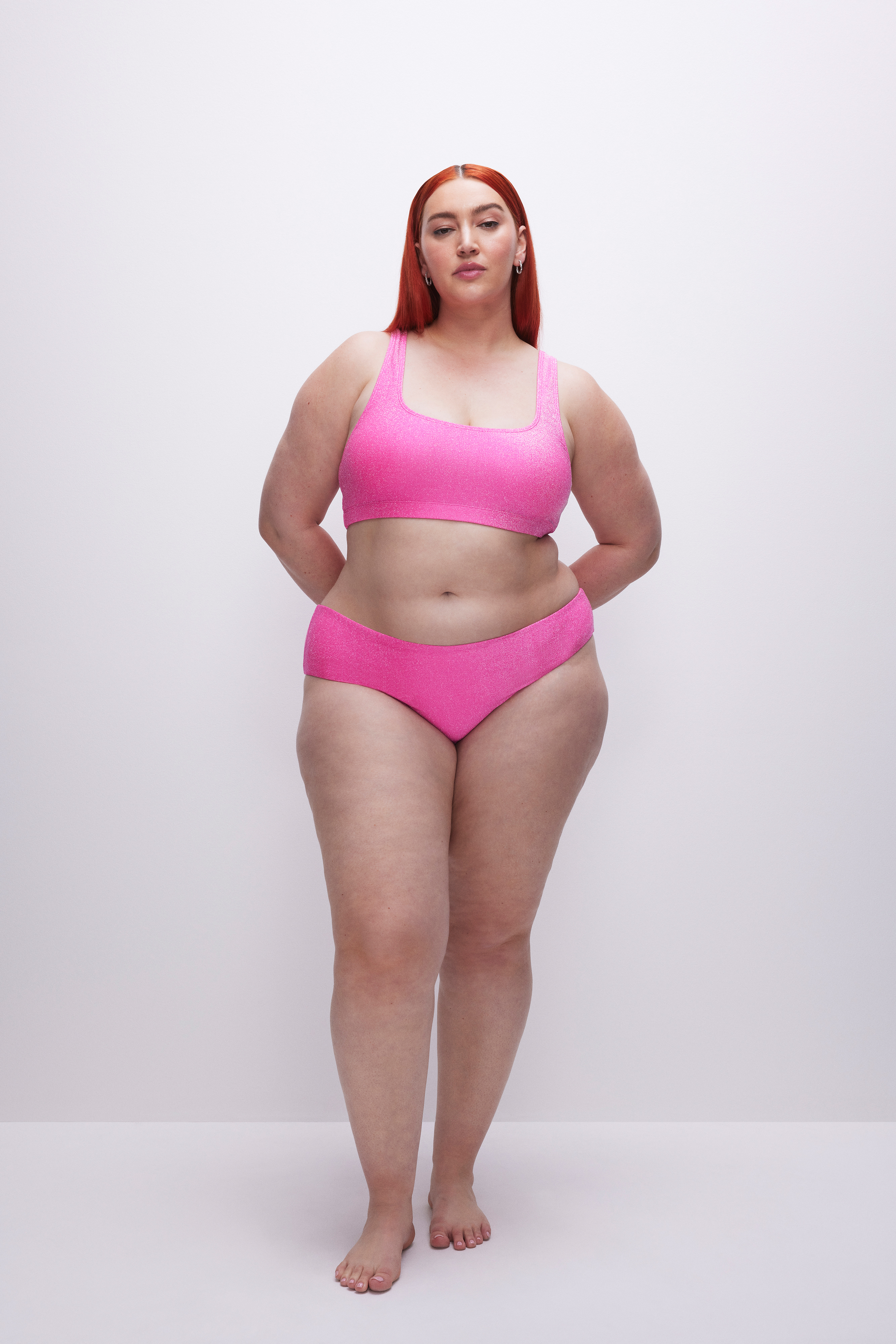 SPARKLE SCOOP BIKINI TOP in KNOCKOUTPINK001 styled with our SPARKLE SCOOP BIKINI TOP in KNOCKOUTPINK001, SPARKLE TINY TIES BIKINI TOP in KNOCKOUTPINK001, or SPARKLE DEMI CUP BIKINI TOP in KNOCKOUTPINK001