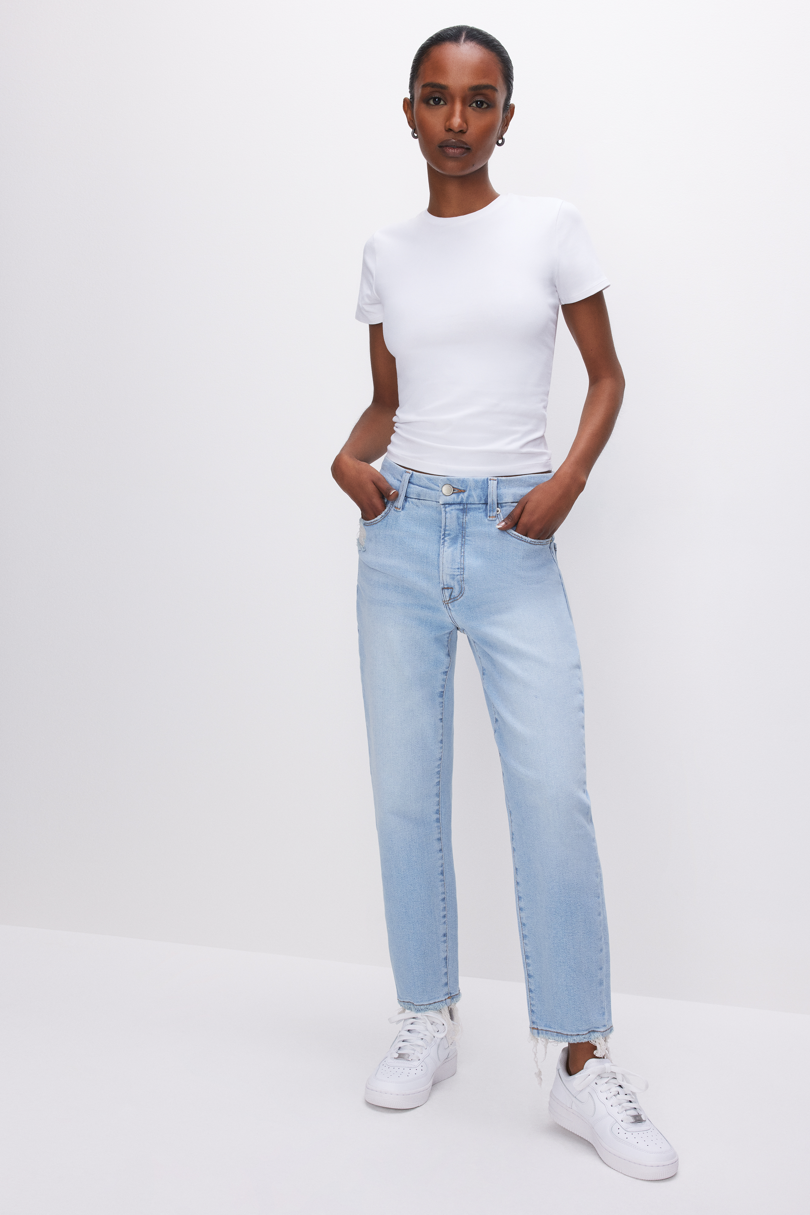 Styled with GOOD PETITE GIRLFRIEND JEANS | INDIGO463