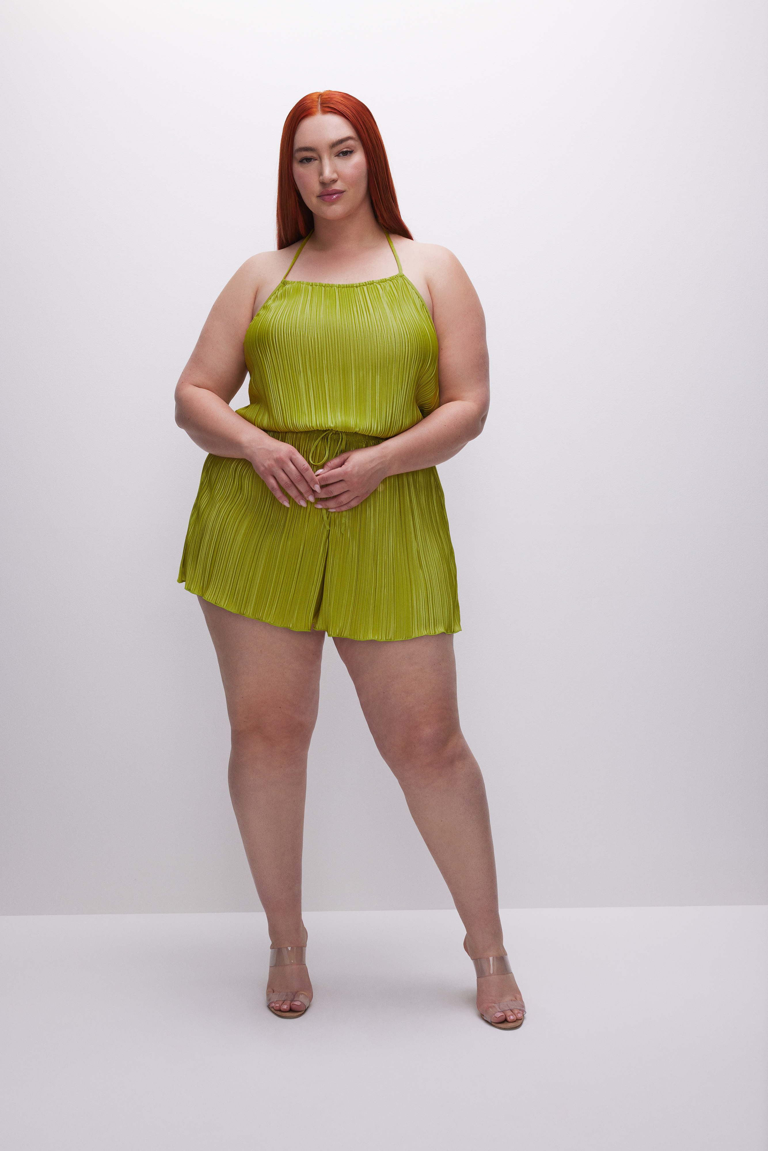 ALWAYS FITS PLISSÉ SHORTS in CHARTRUSSE001 styled with our ALWAYS FITS PLISSÉ HALTER TANK in CHARTRUSSE001, ALWAYS FITS PLISSÉ SHELL TANK in CHARTRUSSE001, or ALWAYS FITS PLISSÉ RUCHED TOP in CHARTRUSSE001