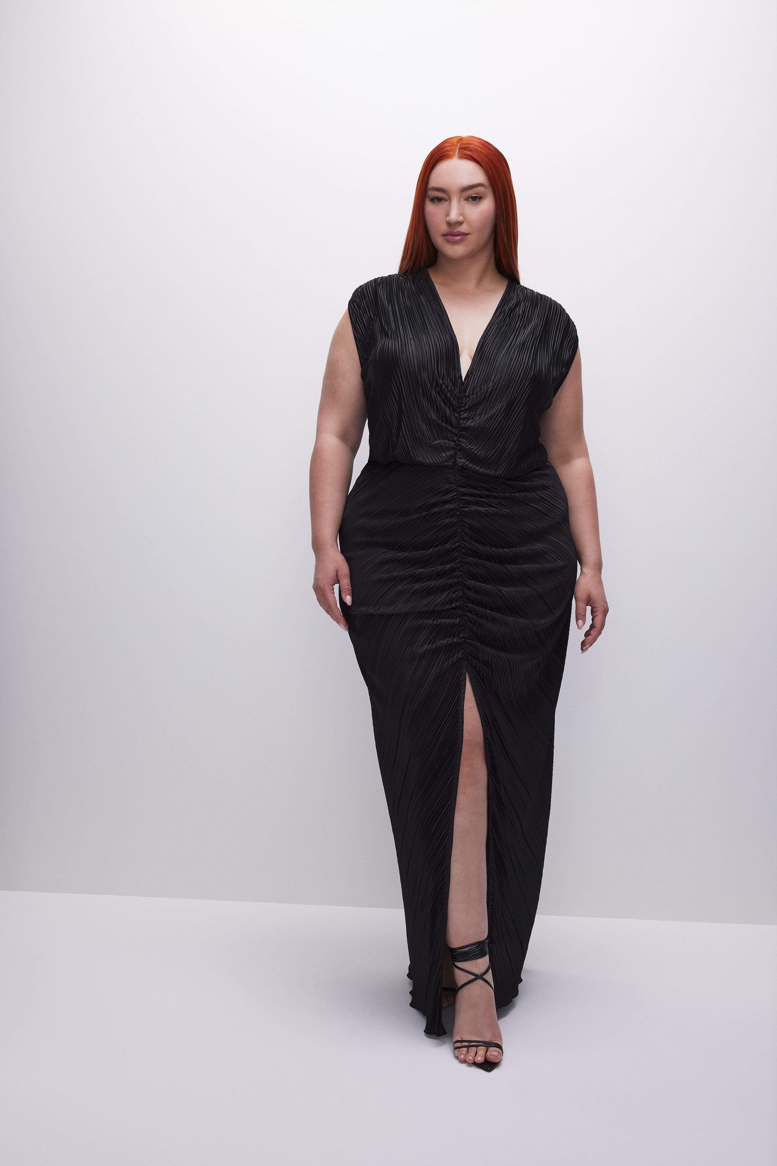 ALWAYS FITS PLISSÉ MAXI DRESS in BLACK001 styled with our CINDER-F*CKING-RELLA PUMP in LIGHT SMOKE001, DIAMONDS FOREVER HEEL in LIGHTSMOKE001, or CINDER-F*CKING-RELLA PUMP in GLASS