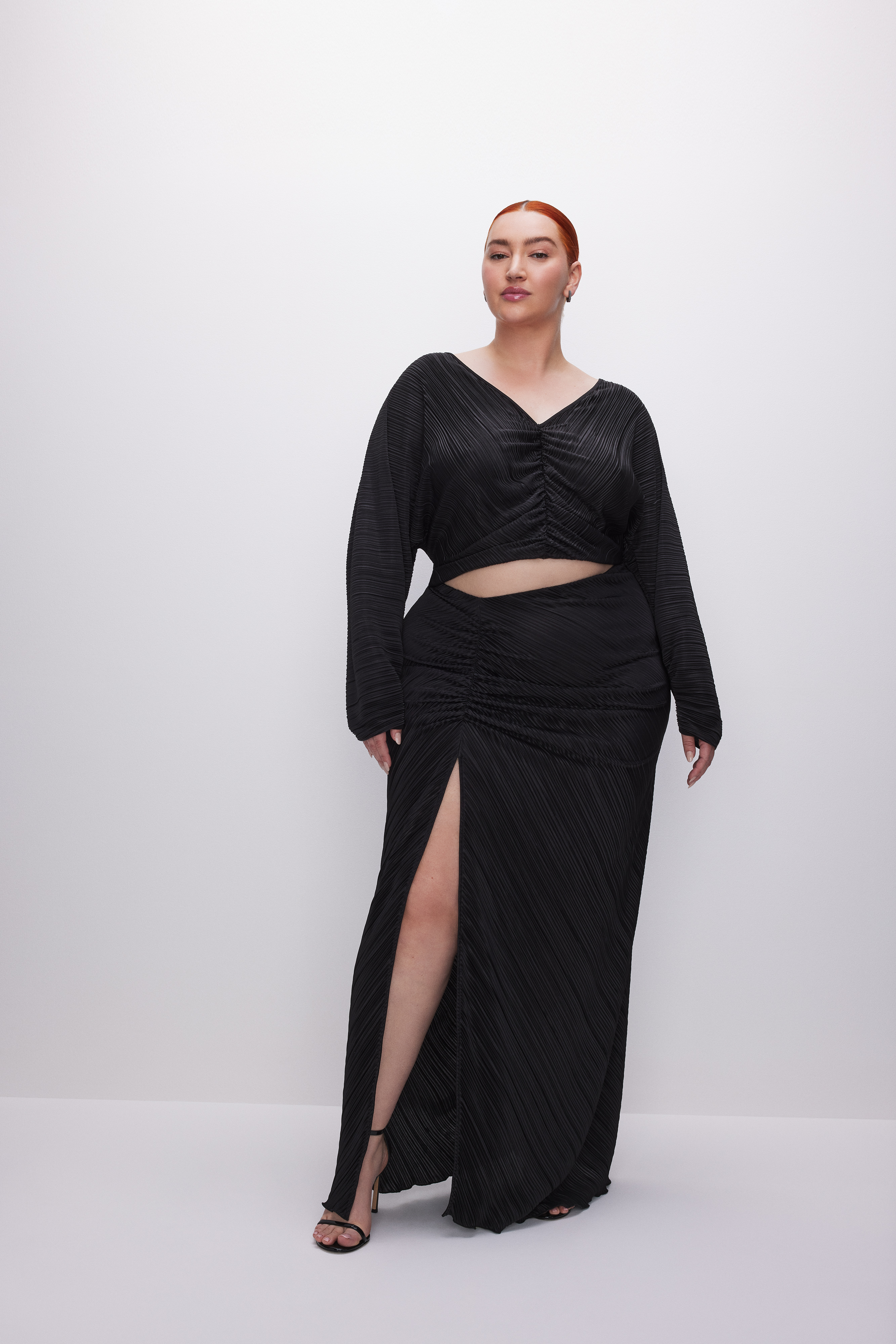 ALWAYS FITS PLISSÉ RUCHED TOP in BLACK001 styled with our ALWAYS FITS PLISSÉ MAXI SKIRT in BLACK001, ALWAYS FITS PLISSÉ PANTS in BLACK001, or GOOD CLASSIC JEANS in INDIGO405