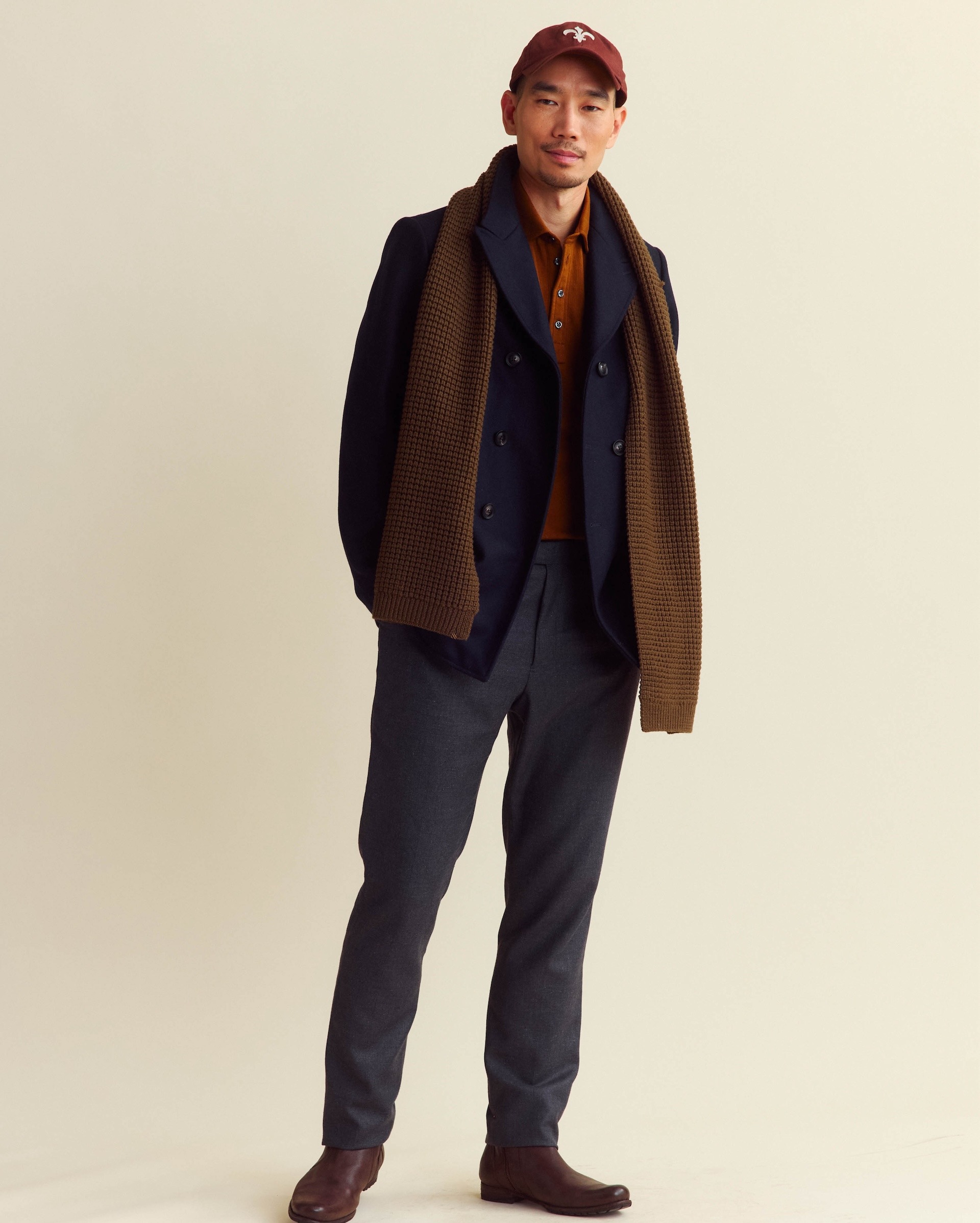 Model wears the Billy Reid Bond Peacoat.