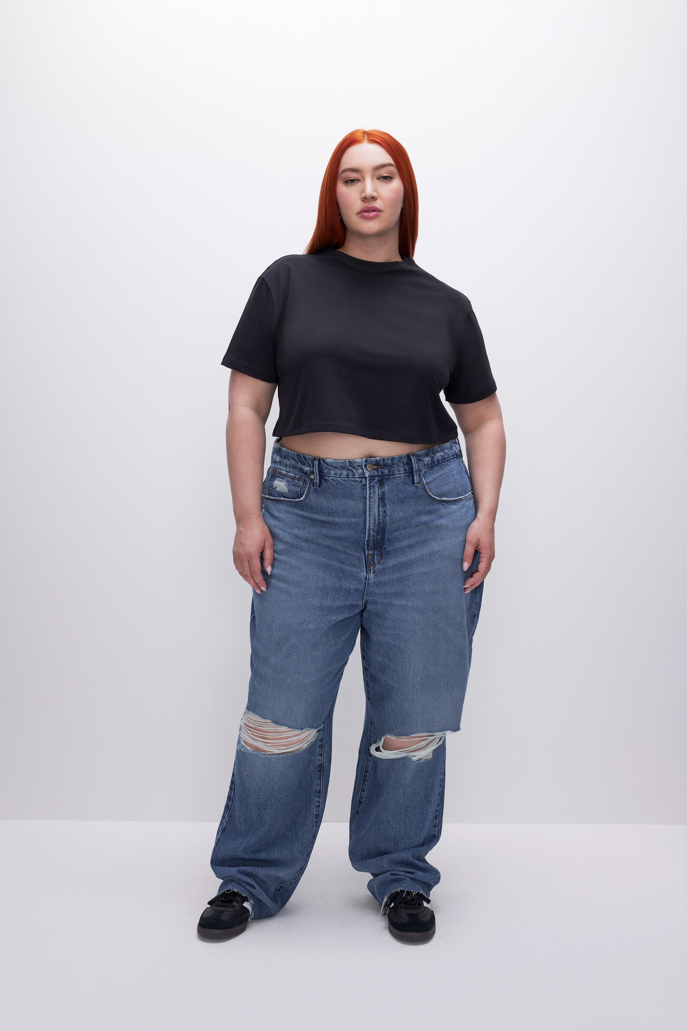 GOOD '90s LOOSE JEANS in INDIGO462 - ARCHIVED styled with our COTTON CROPPED TEE in BLACK001, COTTON CROPPED LONG SLEEVE in BLACK001, or SCUBA TEE BODYSUIT in BLACK001