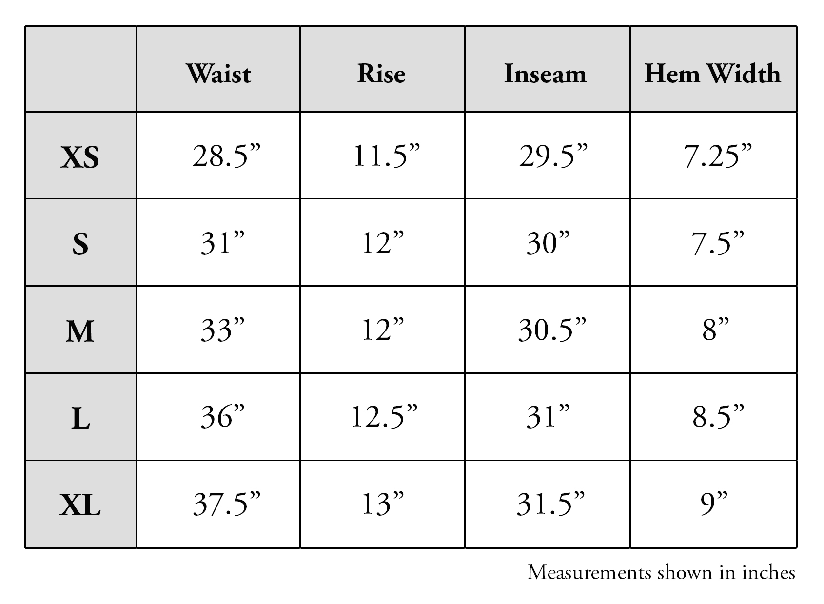 size chart