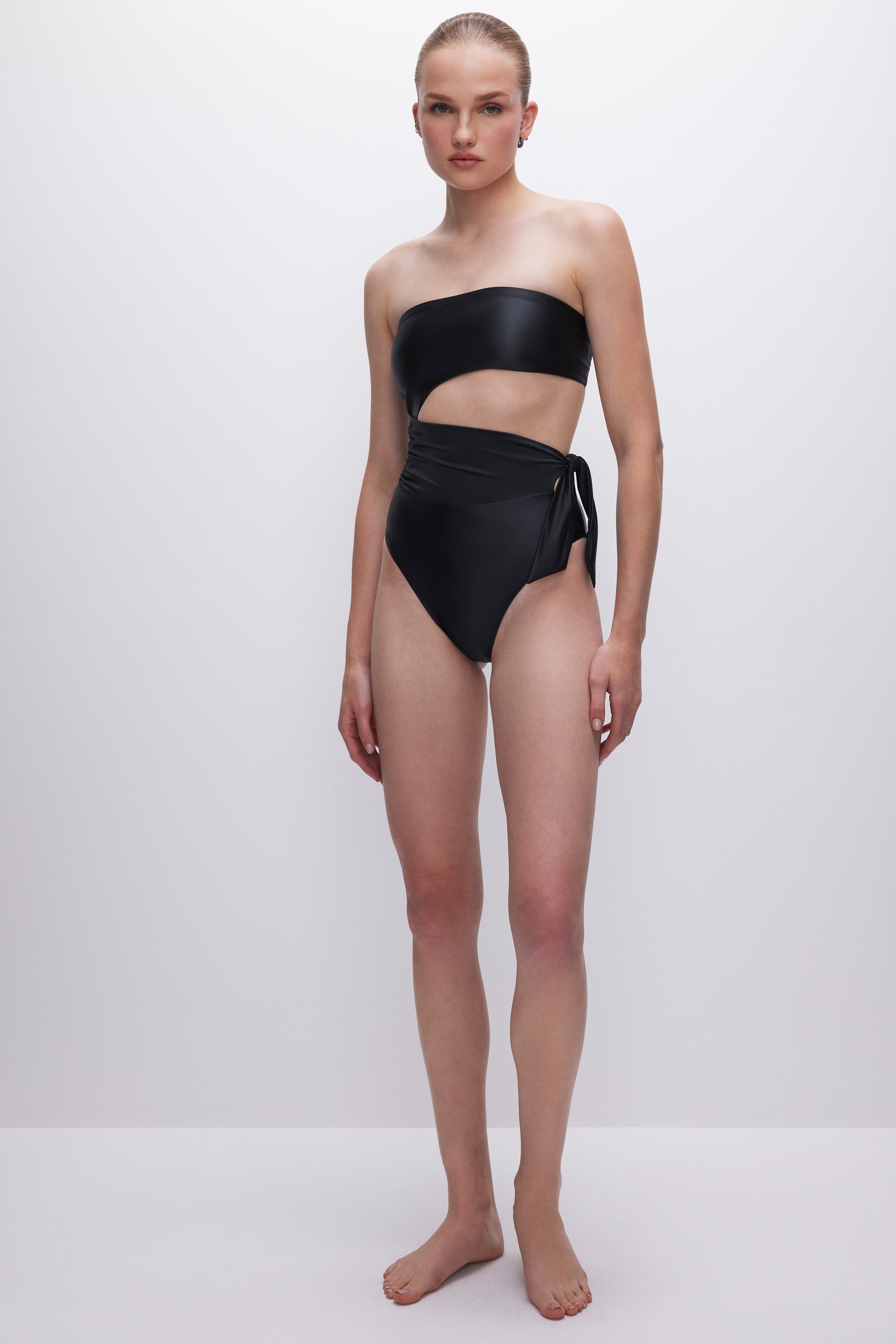 Styled with SATIN SIDE TIE SWIMSUIT | BLACK001