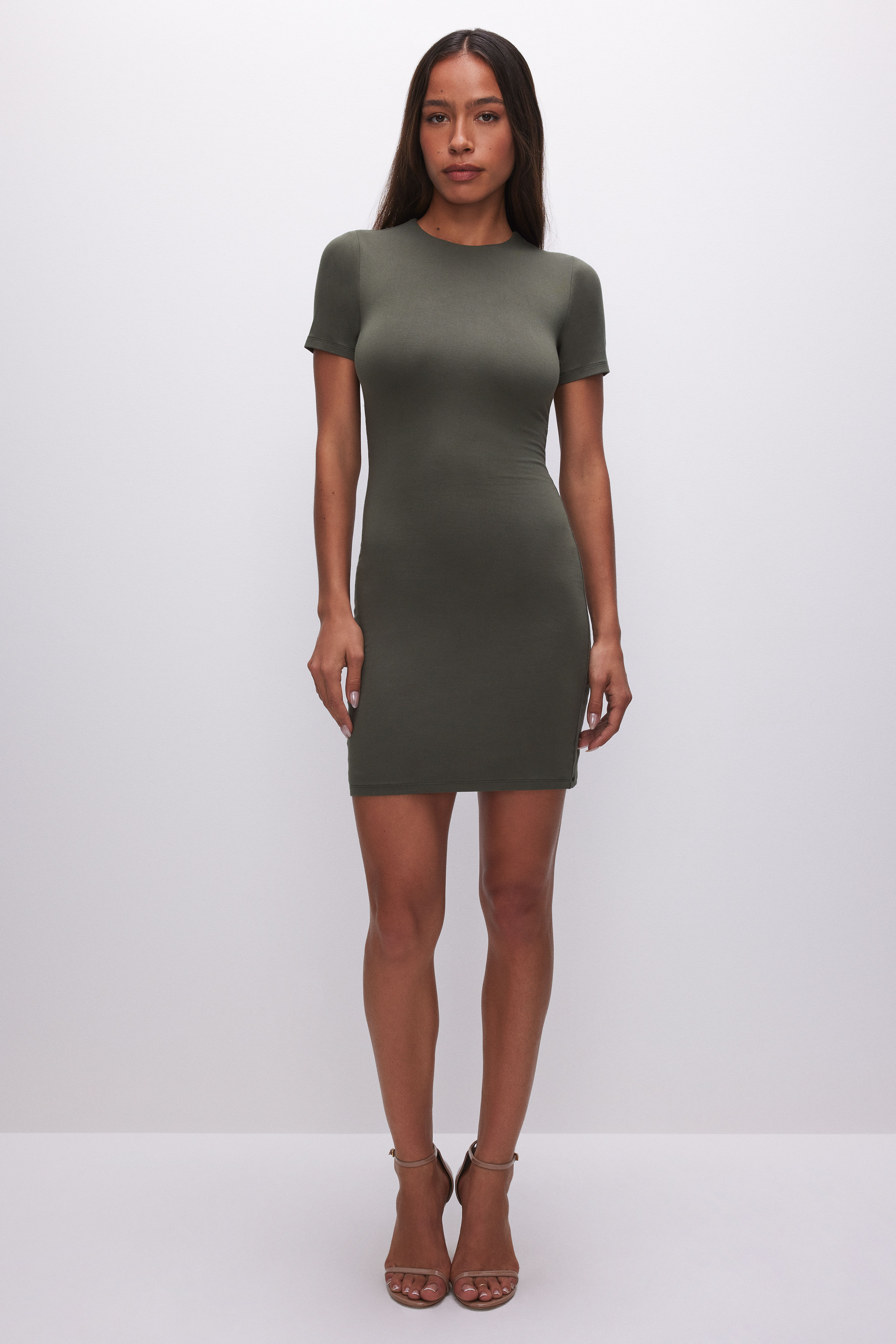 SUPER STRETCH MINI DRESS in FATIGUE001 styled with our CINDER-F*CKING-RELLA PUMP in GLASS, CINDER-F*CKING-RELLA PUMP in GLASS002, or CINDER-F*CKING-RELLA PUMP in LIGHT SMOKE001