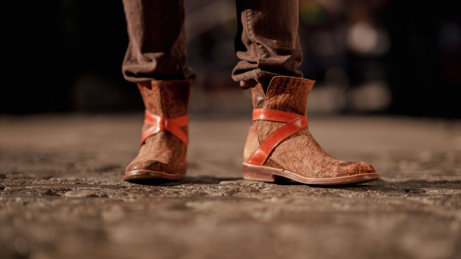 Design
The Jodphur is part of the capsule collection head to toe designed in collaboration with Modernvice carefully handcrafted in NYC. A brown distressed lamb leather, complemented with a vibrant orange leather crossing straps with buckle.Each shoe, finished by a skilled artisan, features a rounded toe, a 30 mm heel, hand-engraved leather soles, hand-stitched inner soles. Very limited edition! Orlando's favorite!
Material
- Upper material 100% lamb- Lining and insole material 100% Kangaroo leather lamb- Outsole Material: 100% sole cowhide 
Specifications
- Rounded toe- 30 mm heel- Hand-engraved leather soles- Hand-stitched inner soles- Vibrant orange leather crossing straps with buckle- Handcrafted in NYC in collaboration with Modernvice 