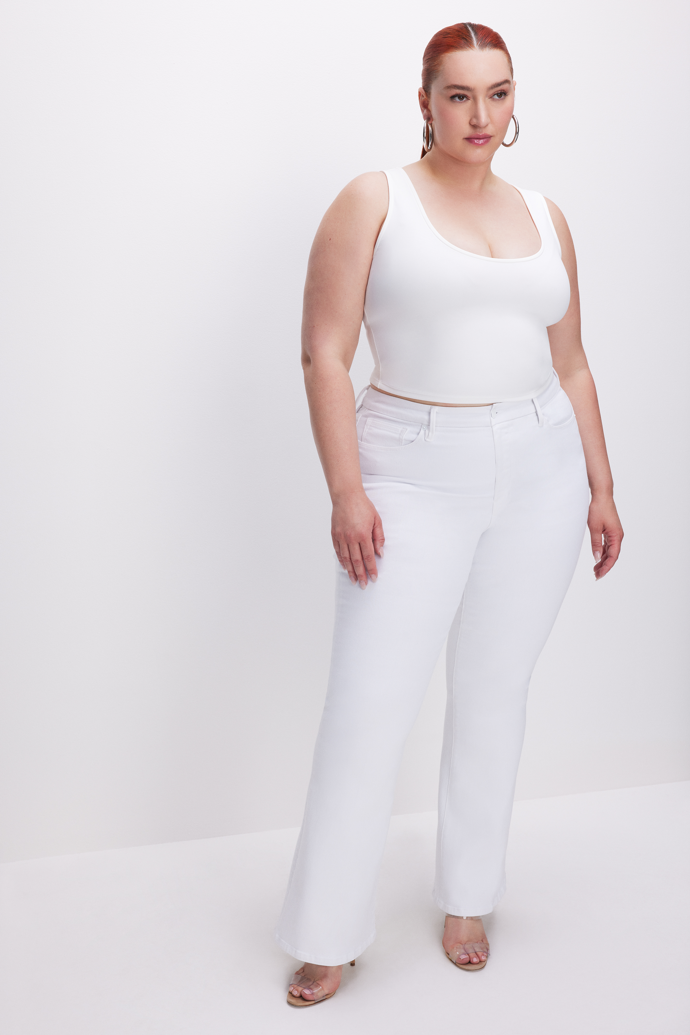 SCUBA SCOOP TANK in WHITE001 styled with our GOOD FLARE TROUSER HEM in WHITE001, GOOD '90s SHORTS in WHITE001, or GOOD LEGS CROPPED JEANS in WHITE001