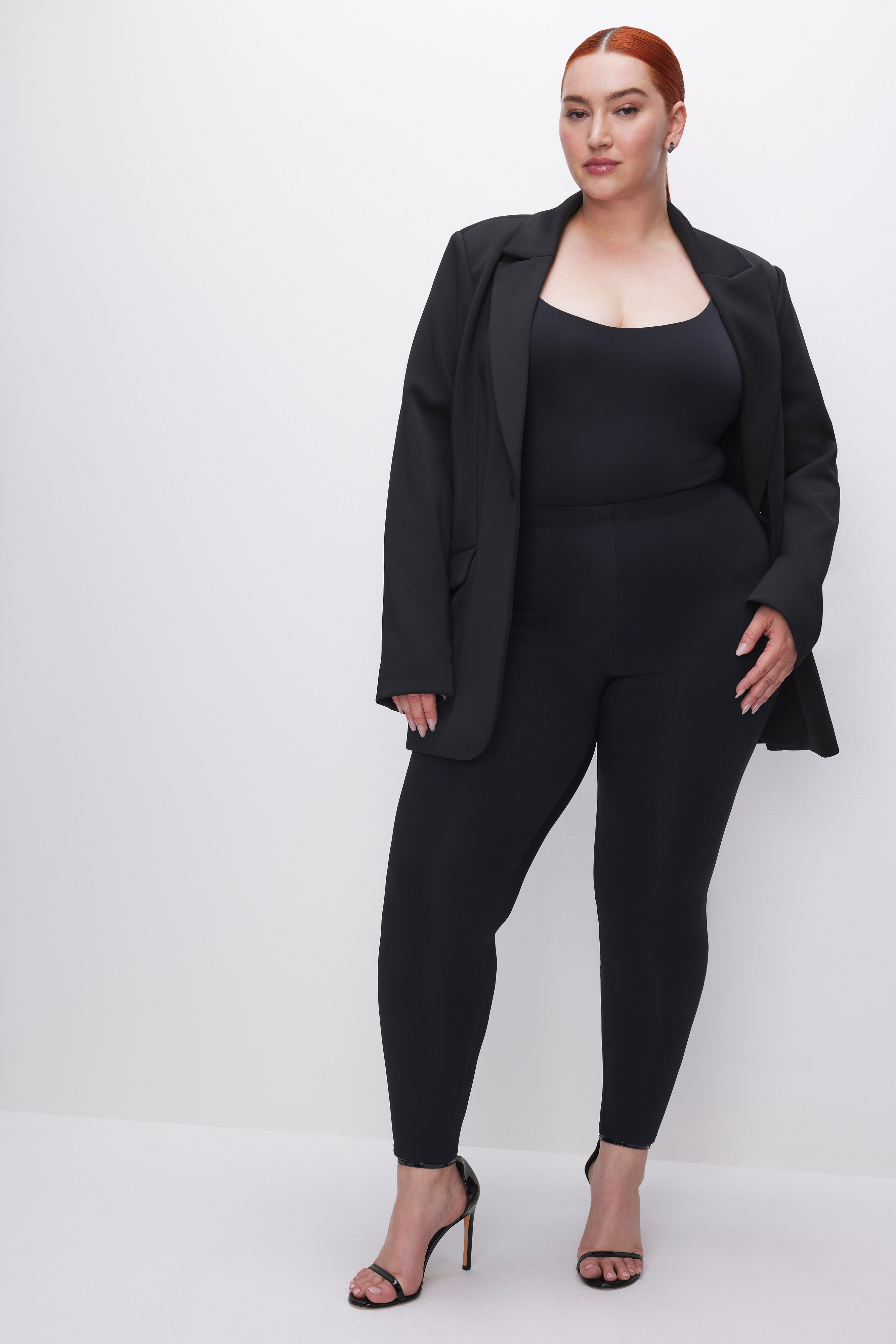 SCUBA V-NECK BODYSUIT in BLACK001 styled with our SCUBA BLAZER 2.0 in BLACK001, SCUBA SKINNY in BLACK001, or SOFT SCULPT PULL-ON SKINNY JEANS in BLACK378