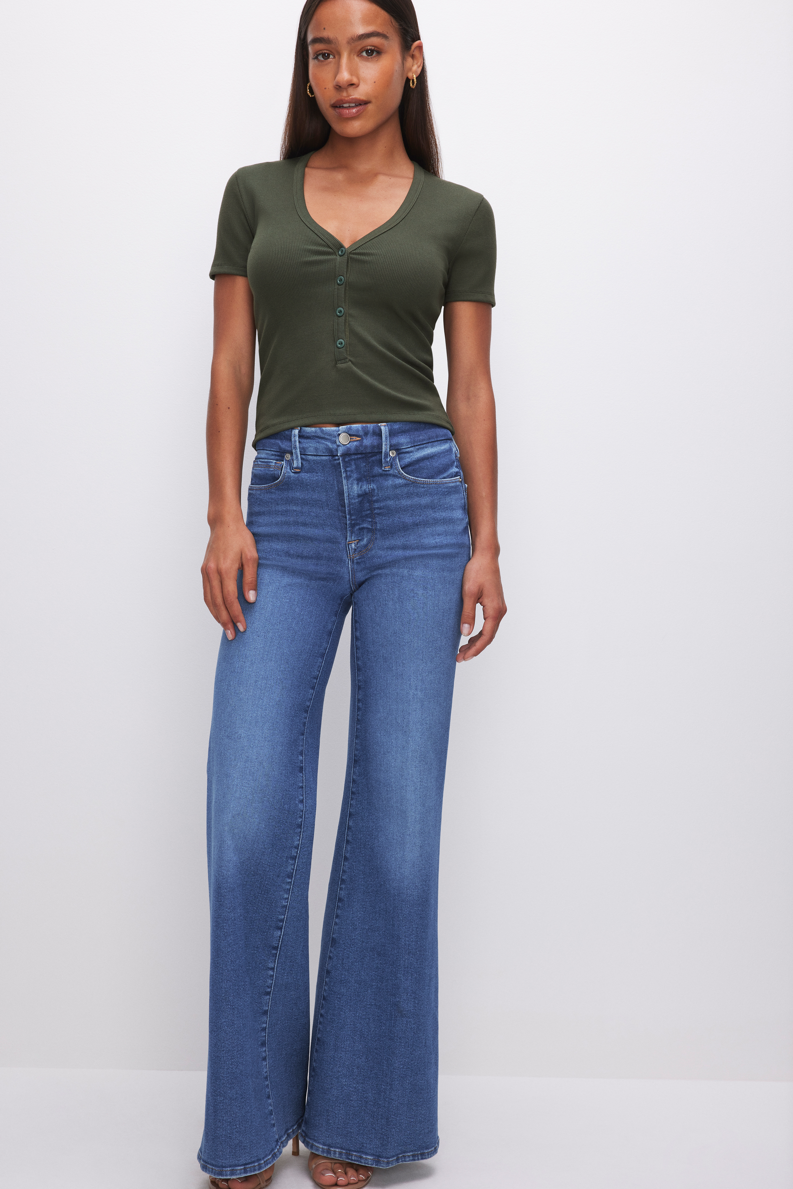 SUPER STRETCH CROPPED COTTON  HENLEY in FATIGUE001 styled with our GOOD WAIST PALAZZO JEANS in INDIGO456, GOOD WAIST PALAZZO JEANS in BLUE451, or GOOD LEGS STRAIGHT JEANS in INDIGO455