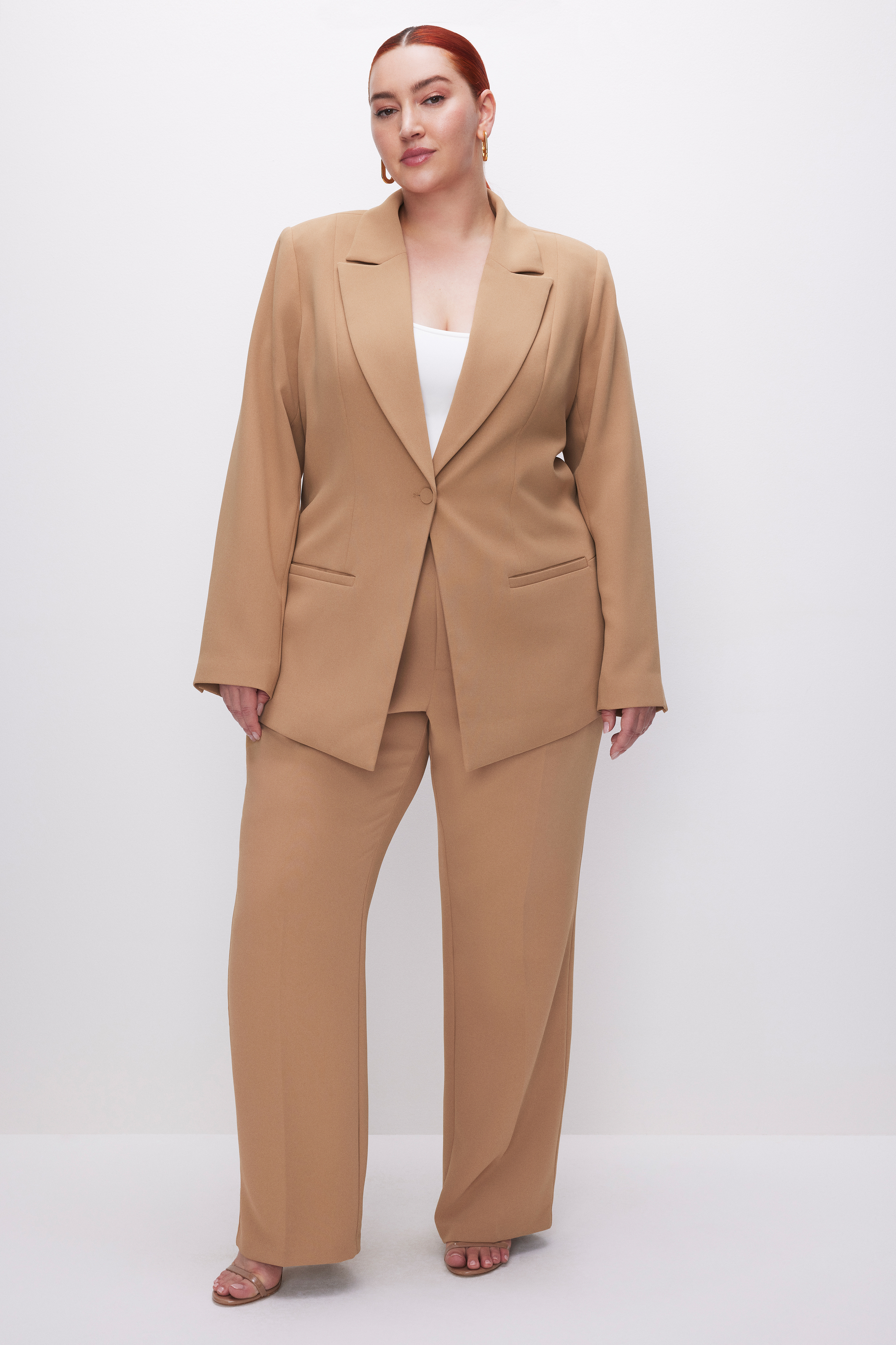 FITTED BLAZER in PECAN001 styled with our LUXE SUITING COLUMN TROUSER in PECAN001, SCUBA MODERN TANK BODYSUIT in WHITE001, or CINDER-F*CKING-RELLA PUMP in GLASS002