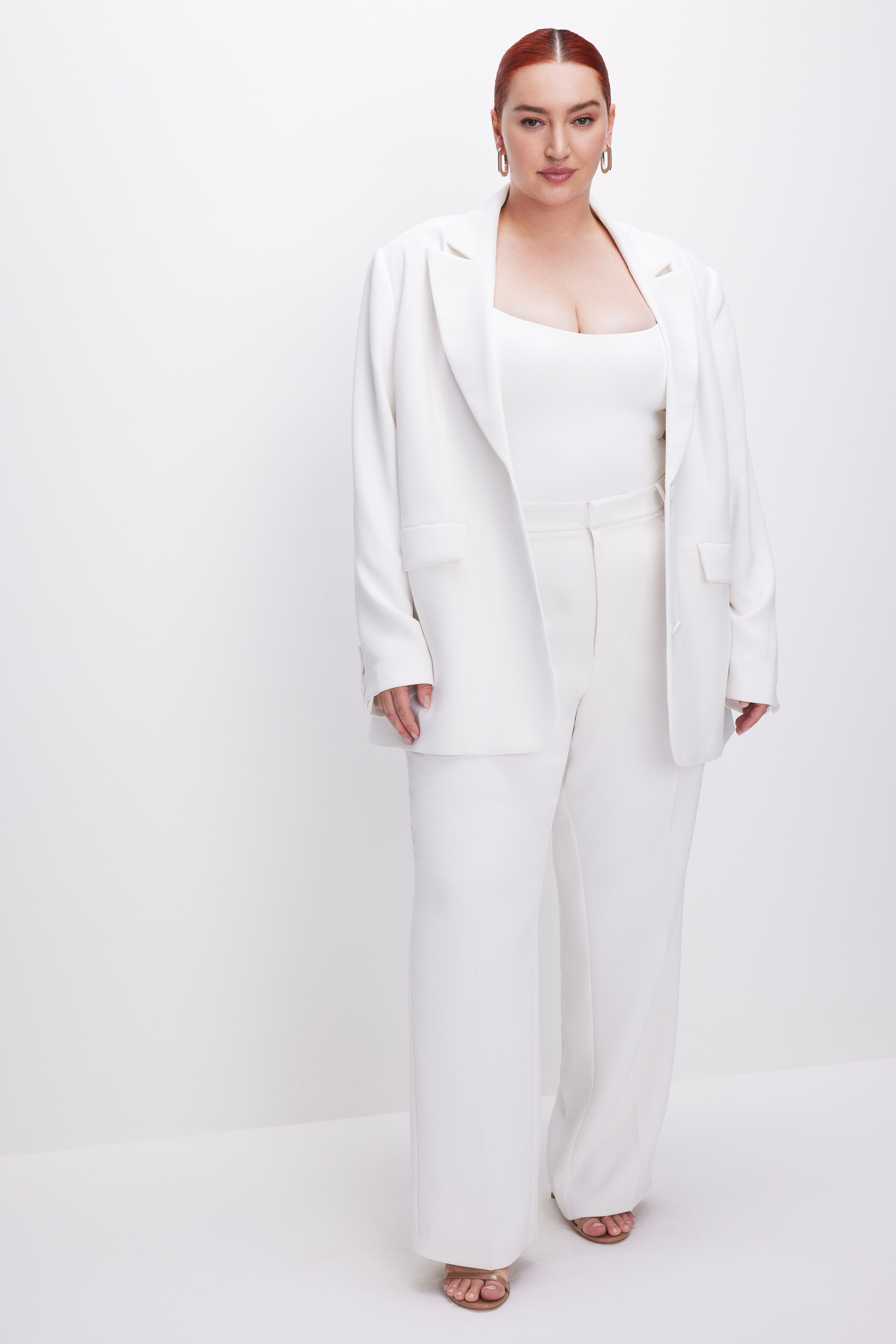 WIDE LEG TROUSERS in IVORY001 styled with our LT WT SCUBA DEEP V BAR BODY in WHITE001, SCUBA SQUARE NECK BODYSUIT in WHITE001, or BOYFRIEND BLAZER in IVORY001