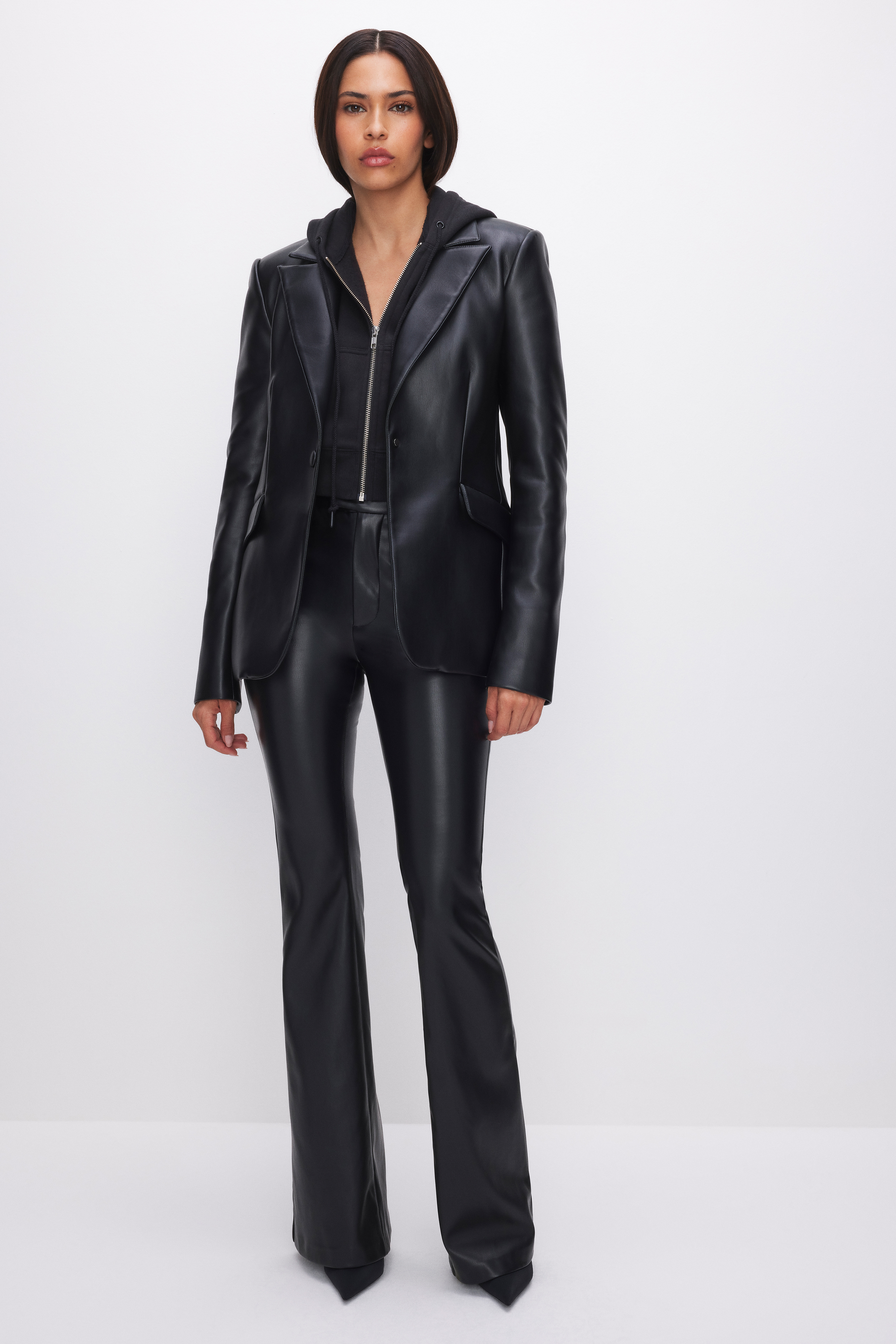 Styled with FAUX LEATHER SCULPTED BLAZER | BLACK001