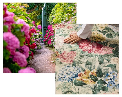Image with Highgrove background showing Hydrangeas in the background, and then an image of a rug, featuring Hydrangeas and Roses in the foreground.