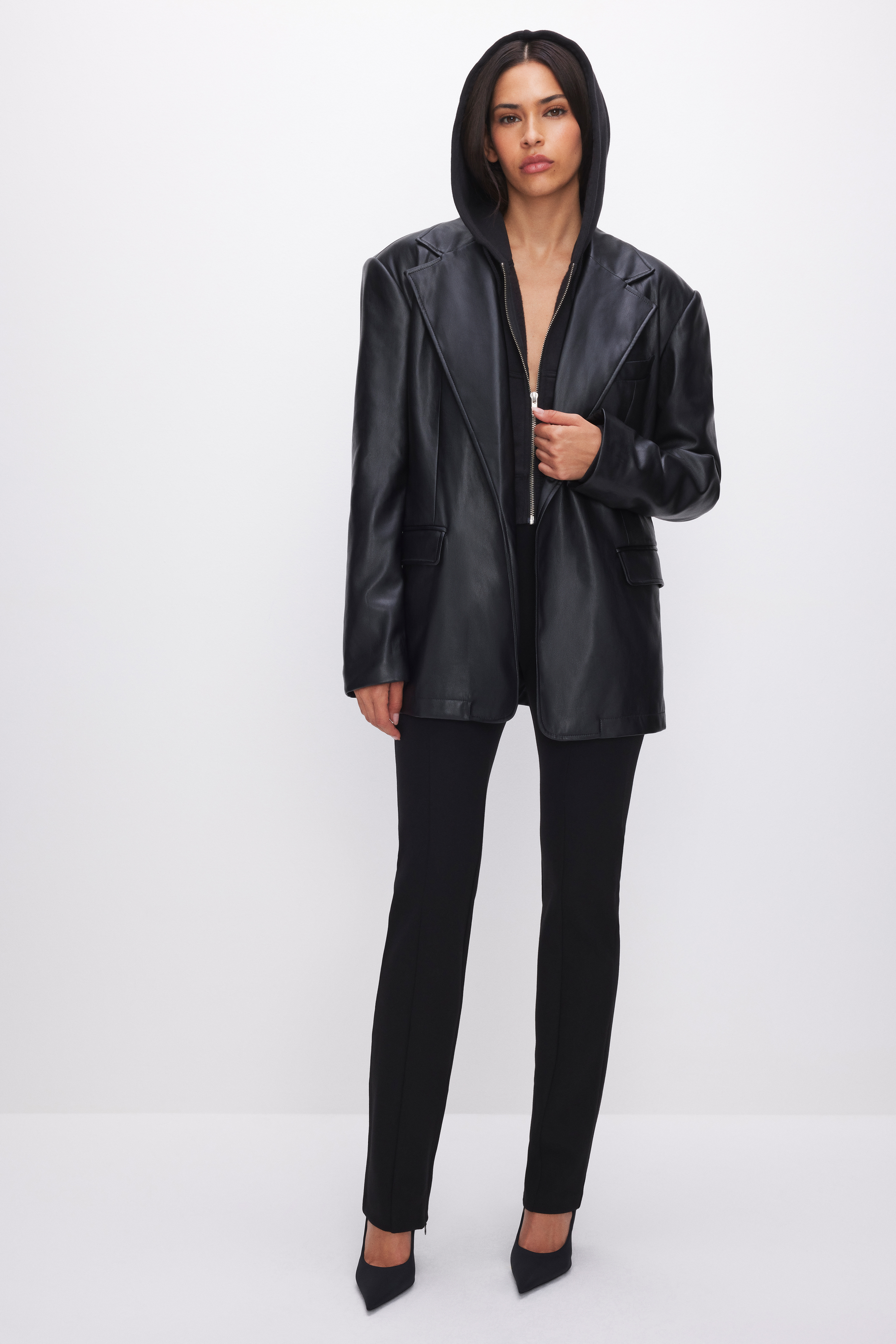 Styled with OVERSIZED FAUX LEATHER BLAZER | BLACK001