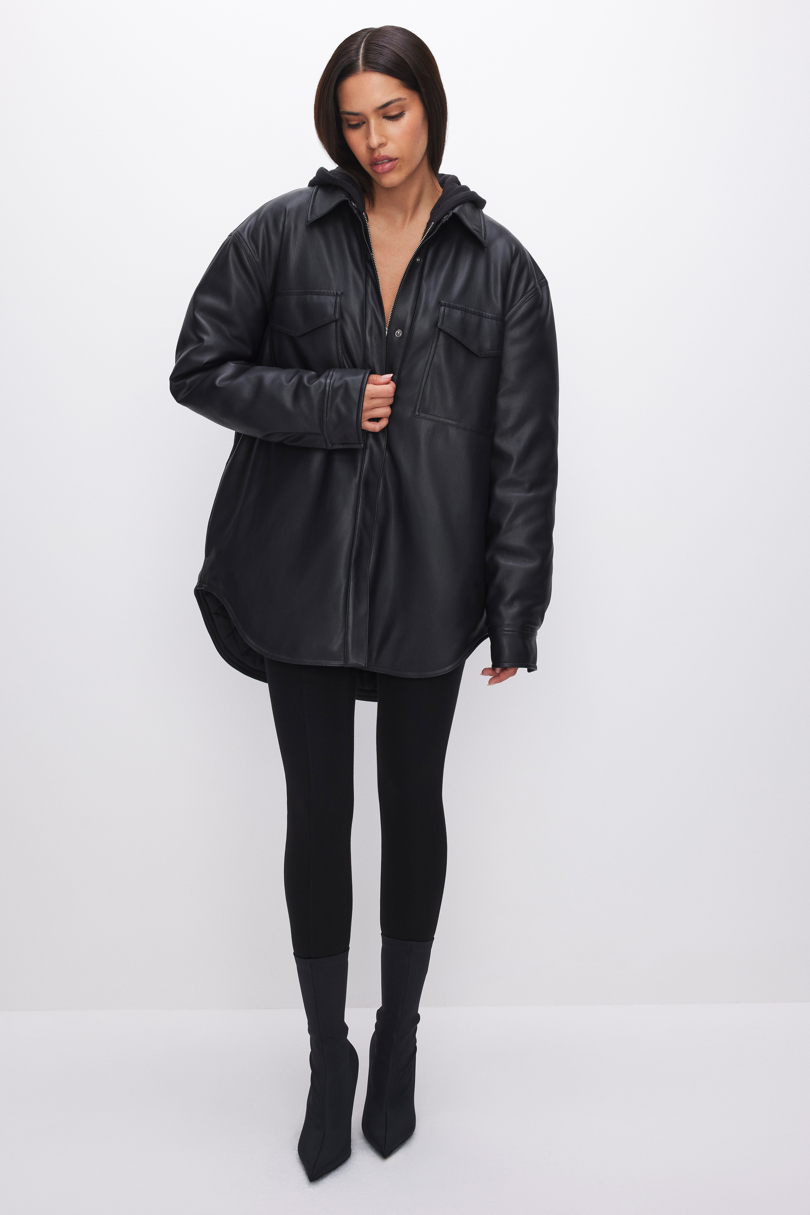 Styled with FAUX LEATHER SHACKET | BLACK001